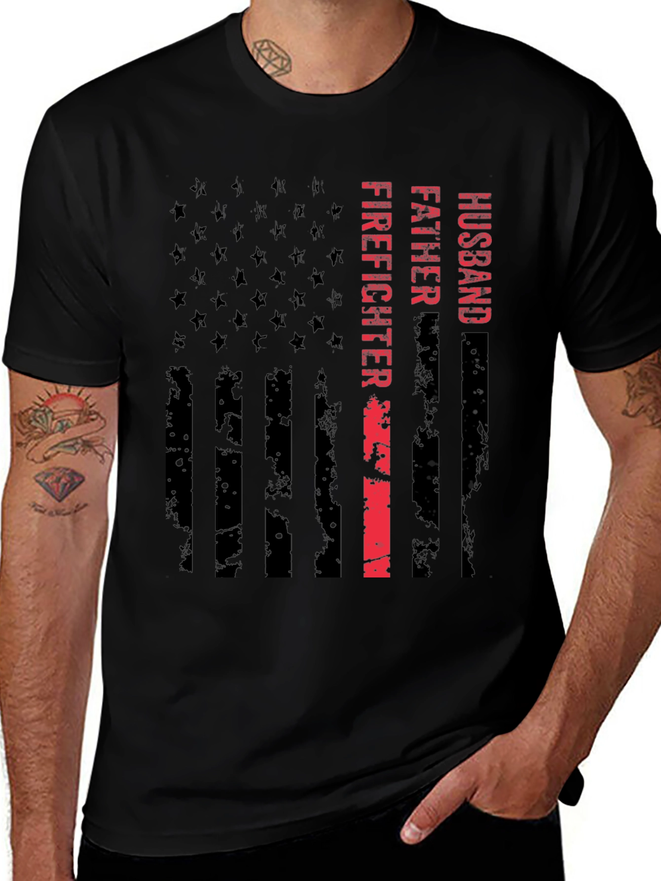 Husband Father Firefighter American Flag Graphic Tee