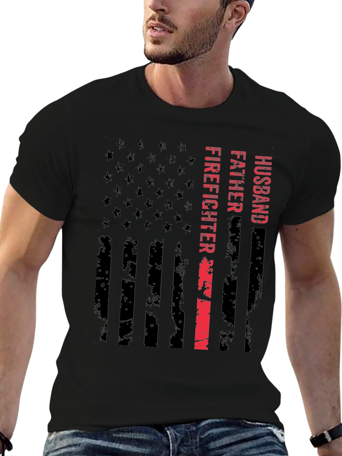 Husband Father Firefighter American Flag Graphic Tee