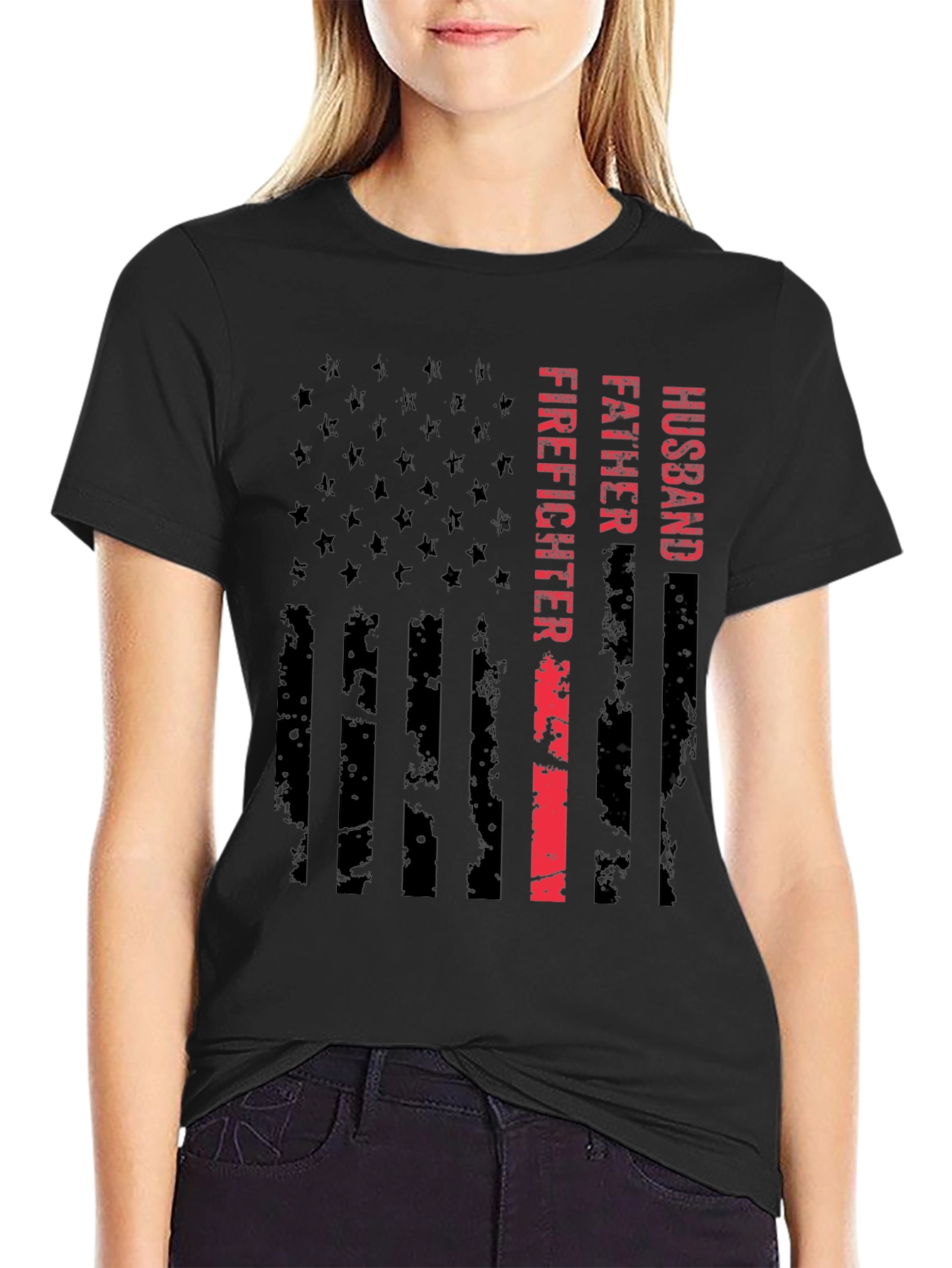 Husband Father Firefighter American Flag Graphic Tee