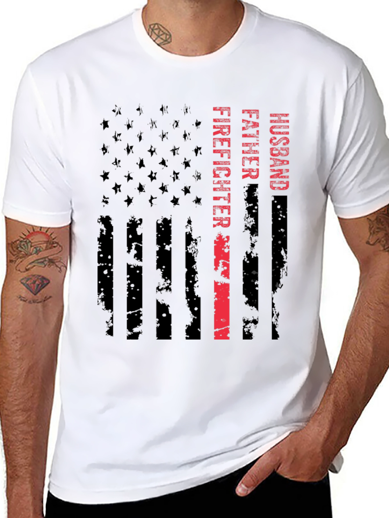 Husband Father Firefighter American Flag Graphic Tee