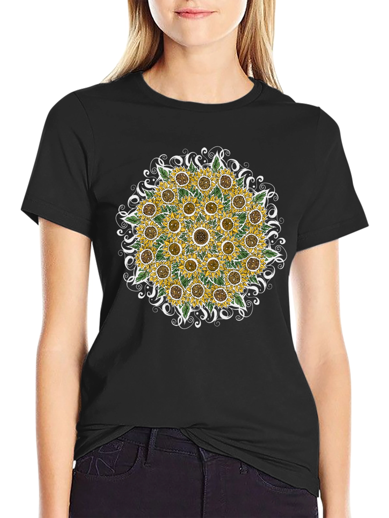 Sunflower Mandala Graphic Tee - Black