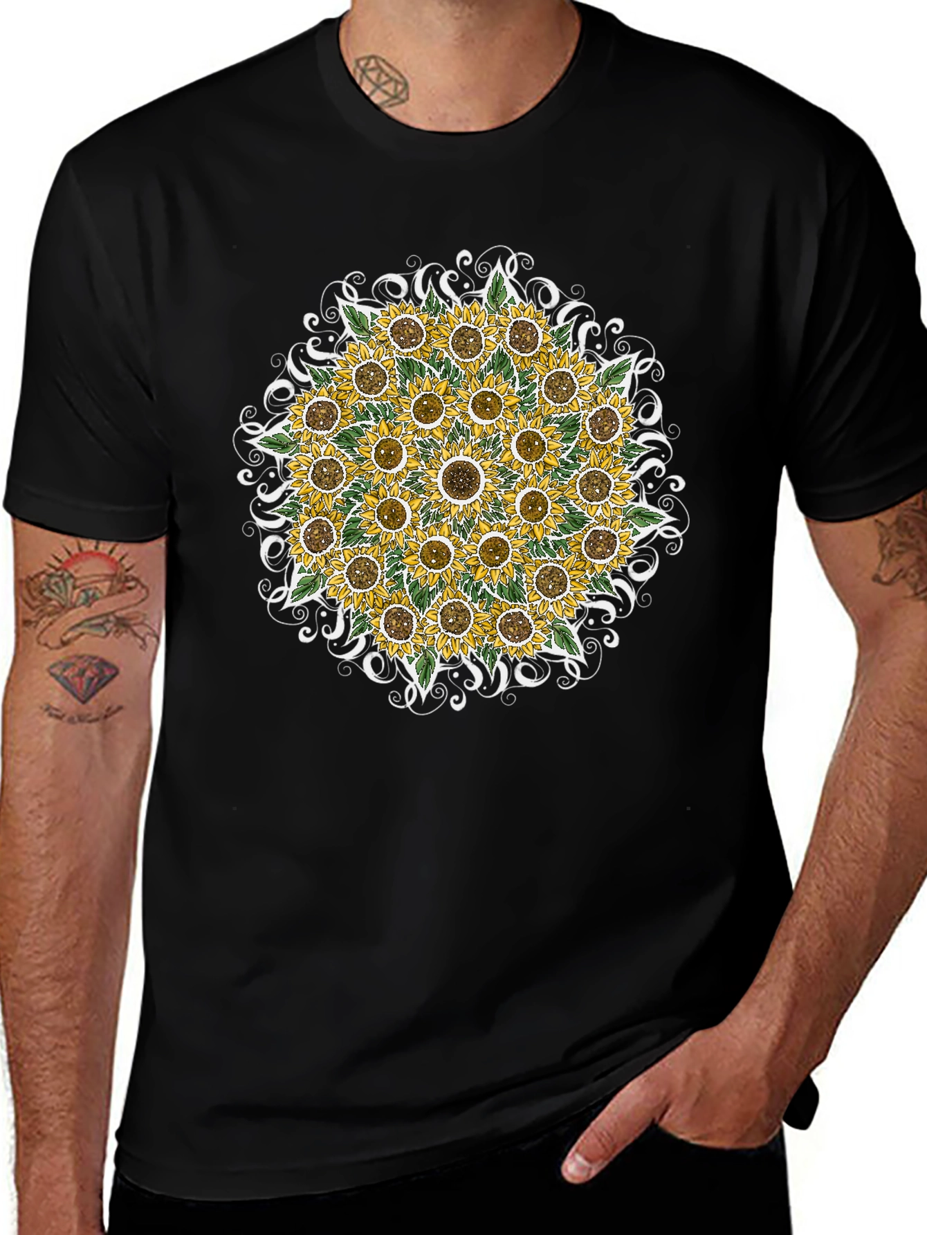 Sunflower Mandala Graphic Tee - Black