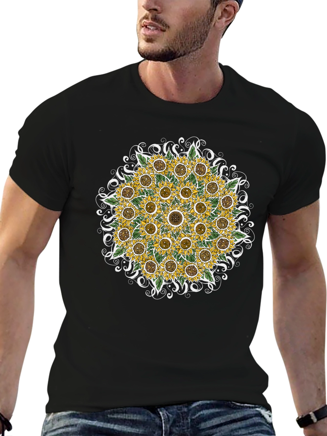 Sunflower Mandala Graphic Tee - Black