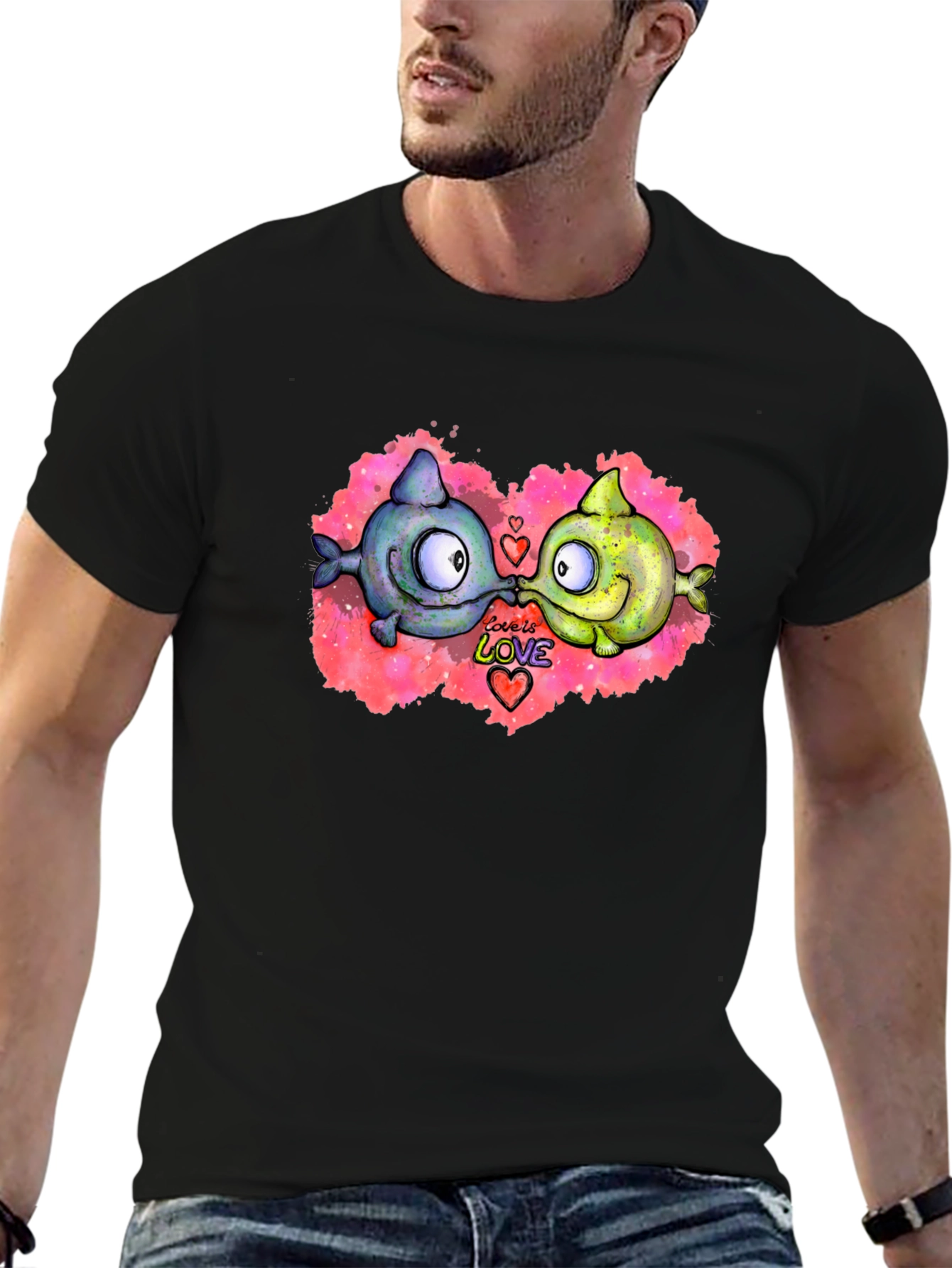 Cute Cartoon Fish Love T-Shirt - Black