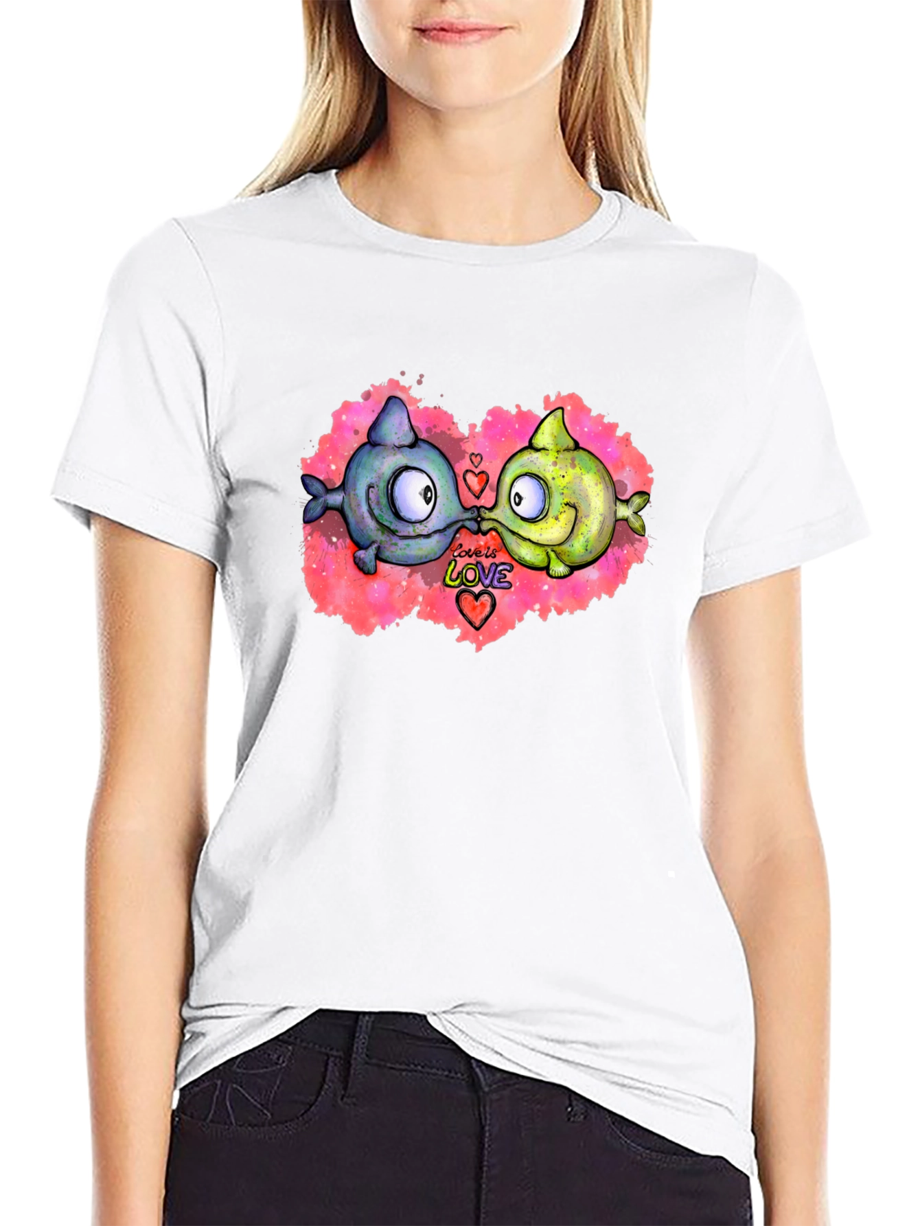 Cute Cartoon Fish Love T-Shirt - Black