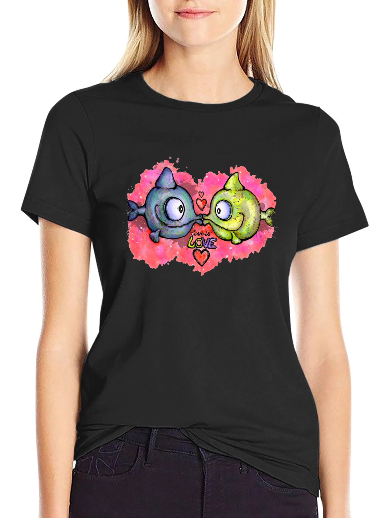 Cute Cartoon Fish Love T-Shirt - Black