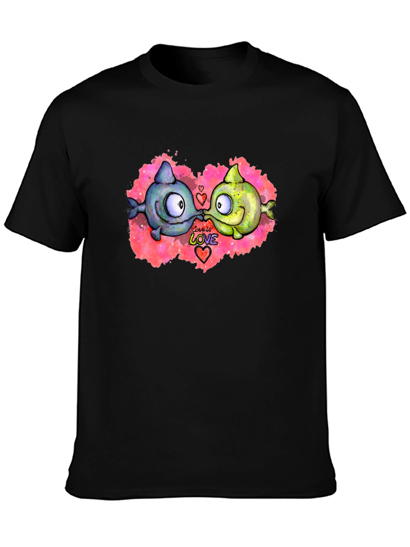 Cute Cartoon Fish Love T-Shirt - Black