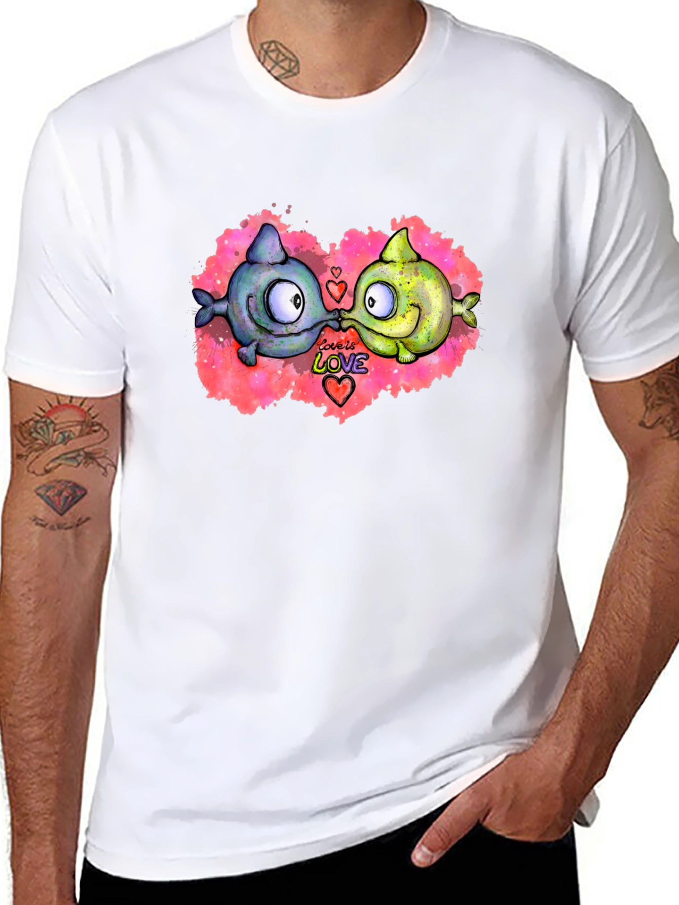 Cute Cartoon Fish Love T-Shirt - Black