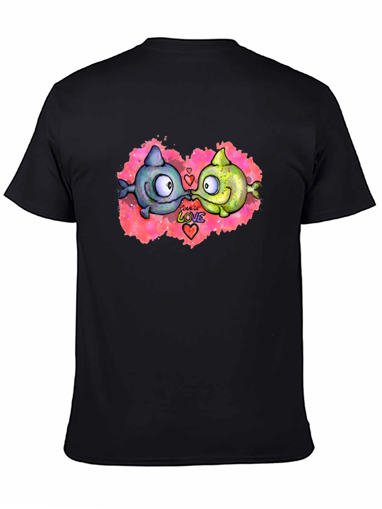 Cute Cartoon Fish Love T-Shirt - Black
