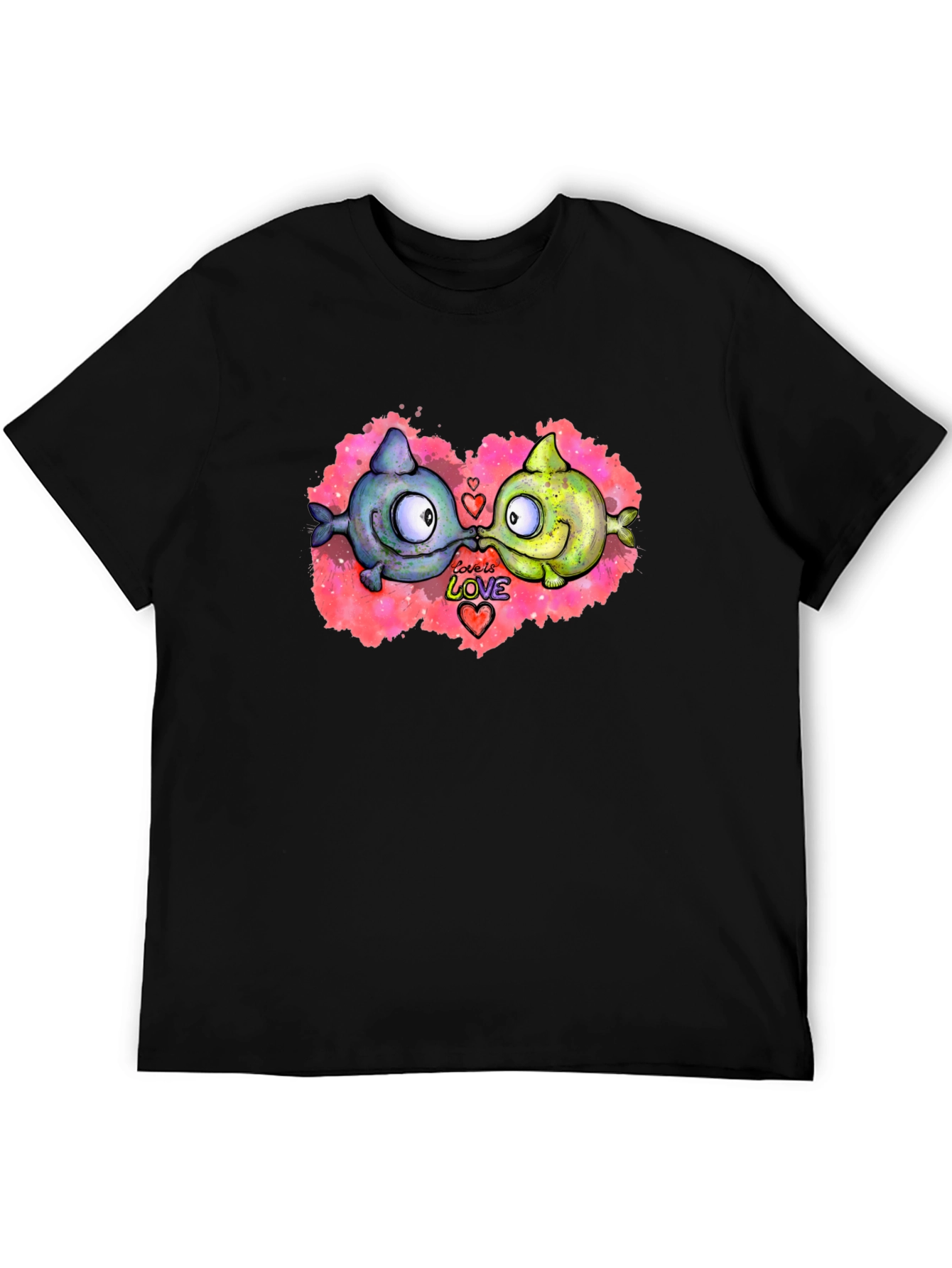Cute Cartoon Fish Love T-Shirt - Black