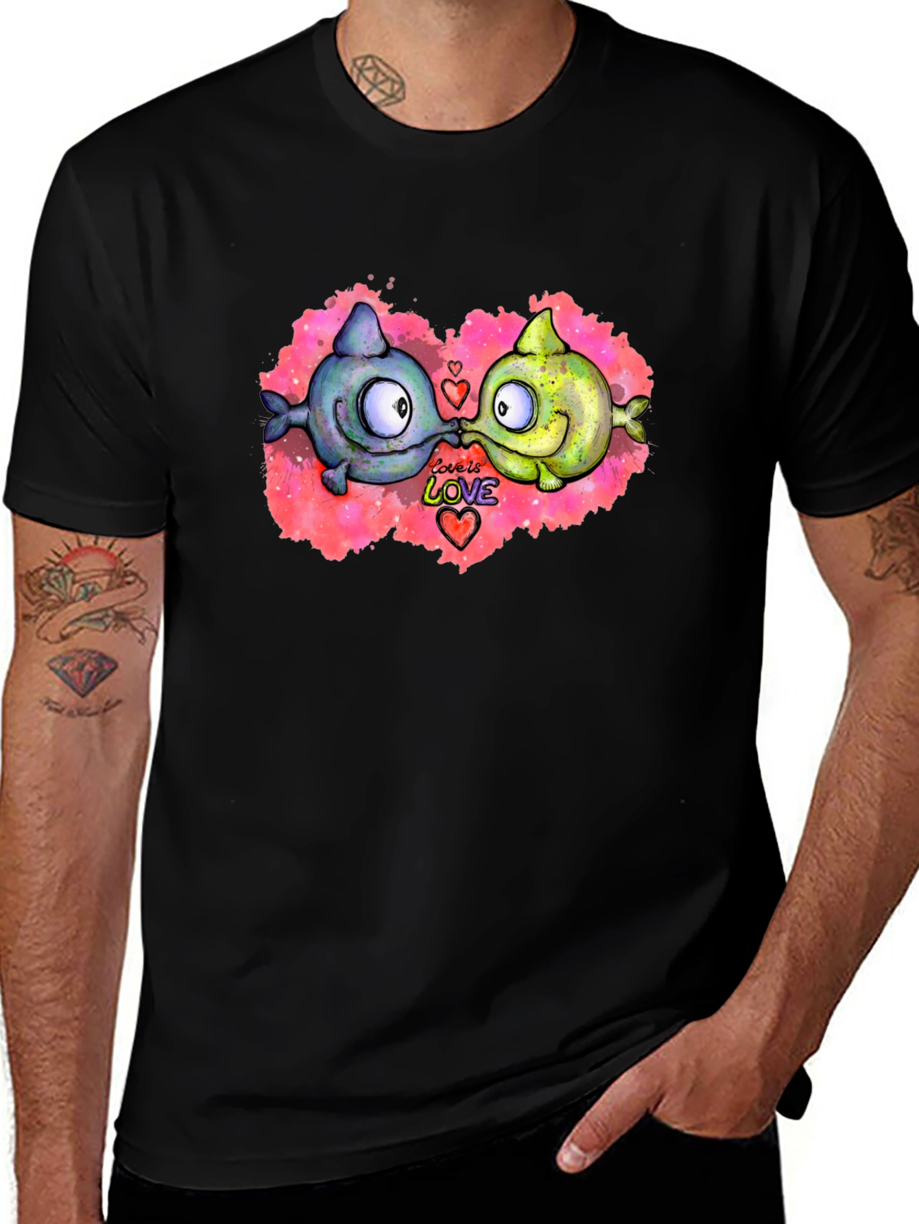 Cute Cartoon Fish Love T-Shirt - Black