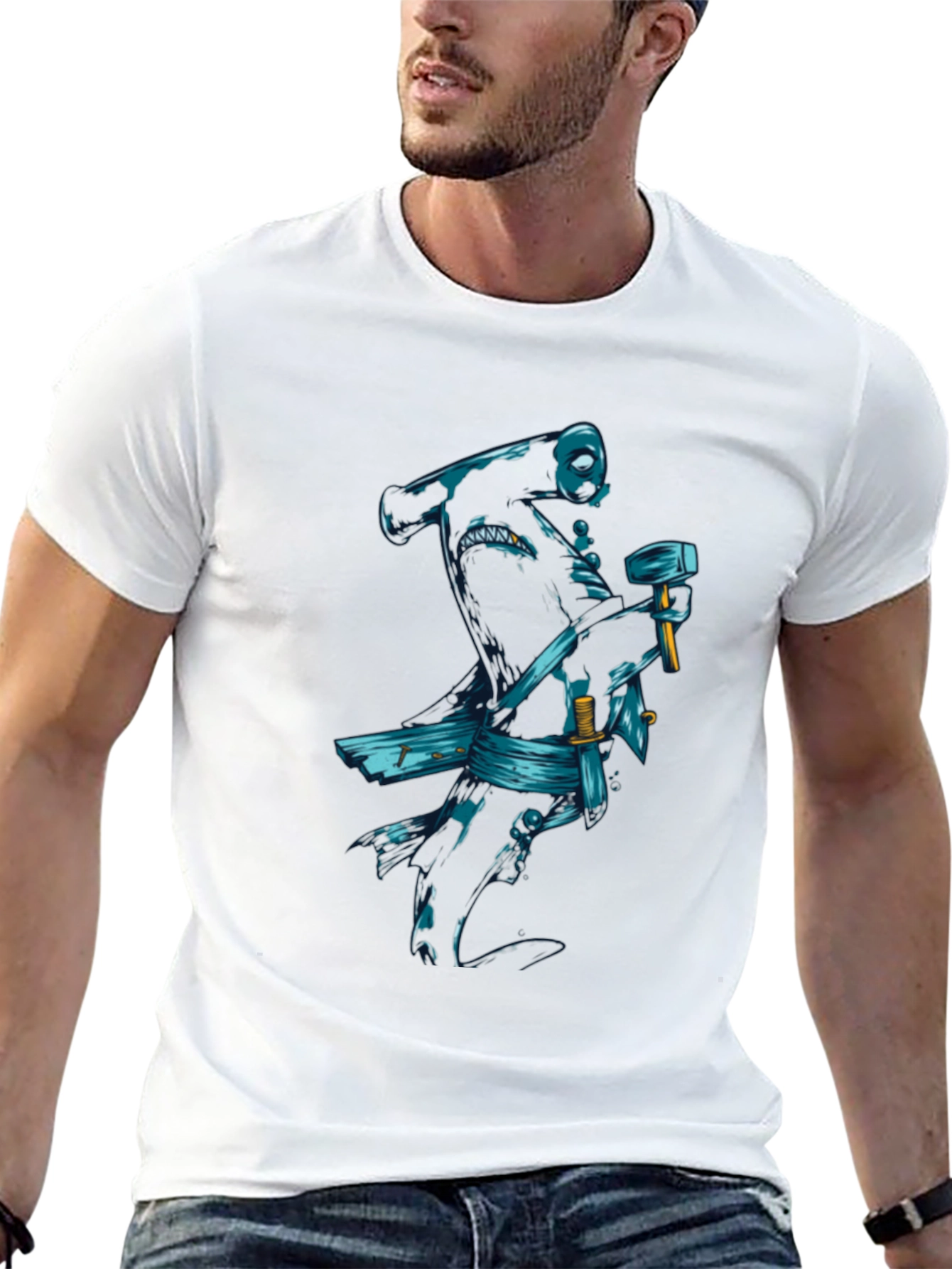 Black T-Shirt with Samurai Shark Graphic