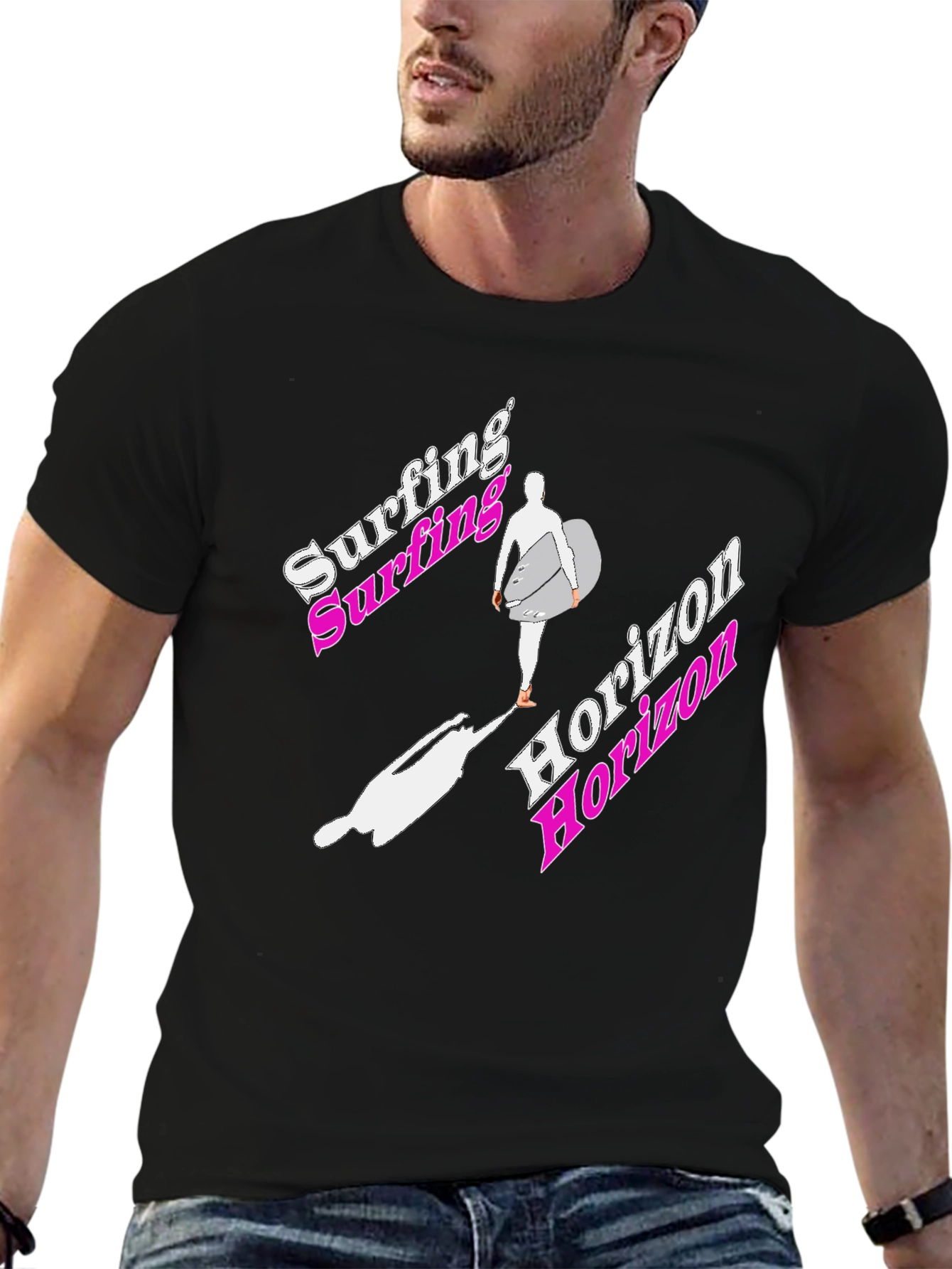 Surfing Horizon Graphic Tee - Black Cotton Shirt