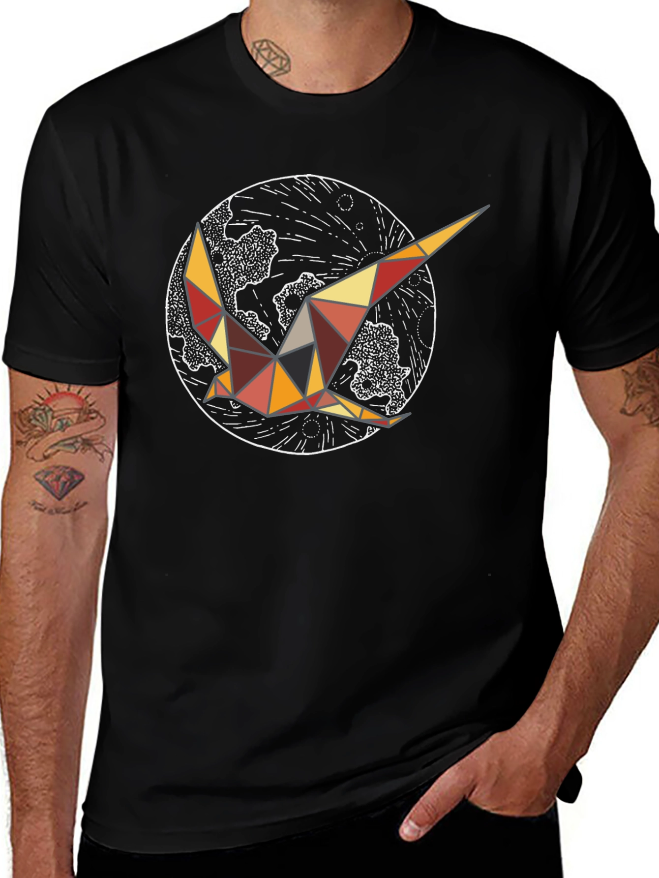 Geometric Bird Graphic Tee - Black Cotton Comfort