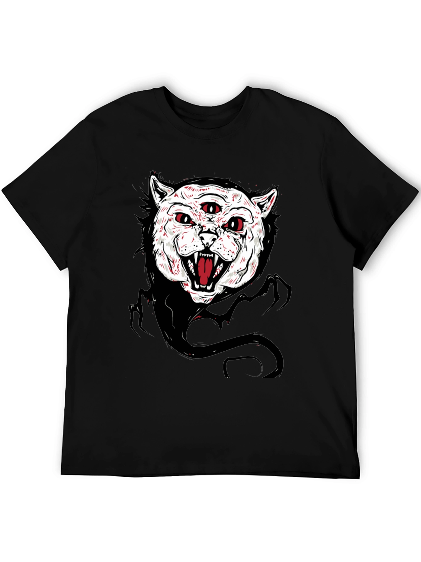 Mens Black T-Shirt with Three-Eyed Cat Graphic