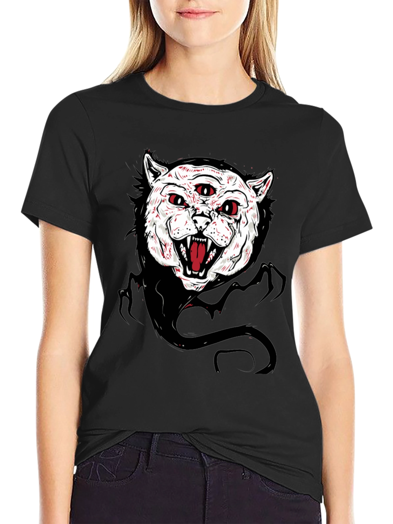 Mens Black T-Shirt with Three-Eyed Cat Graphic