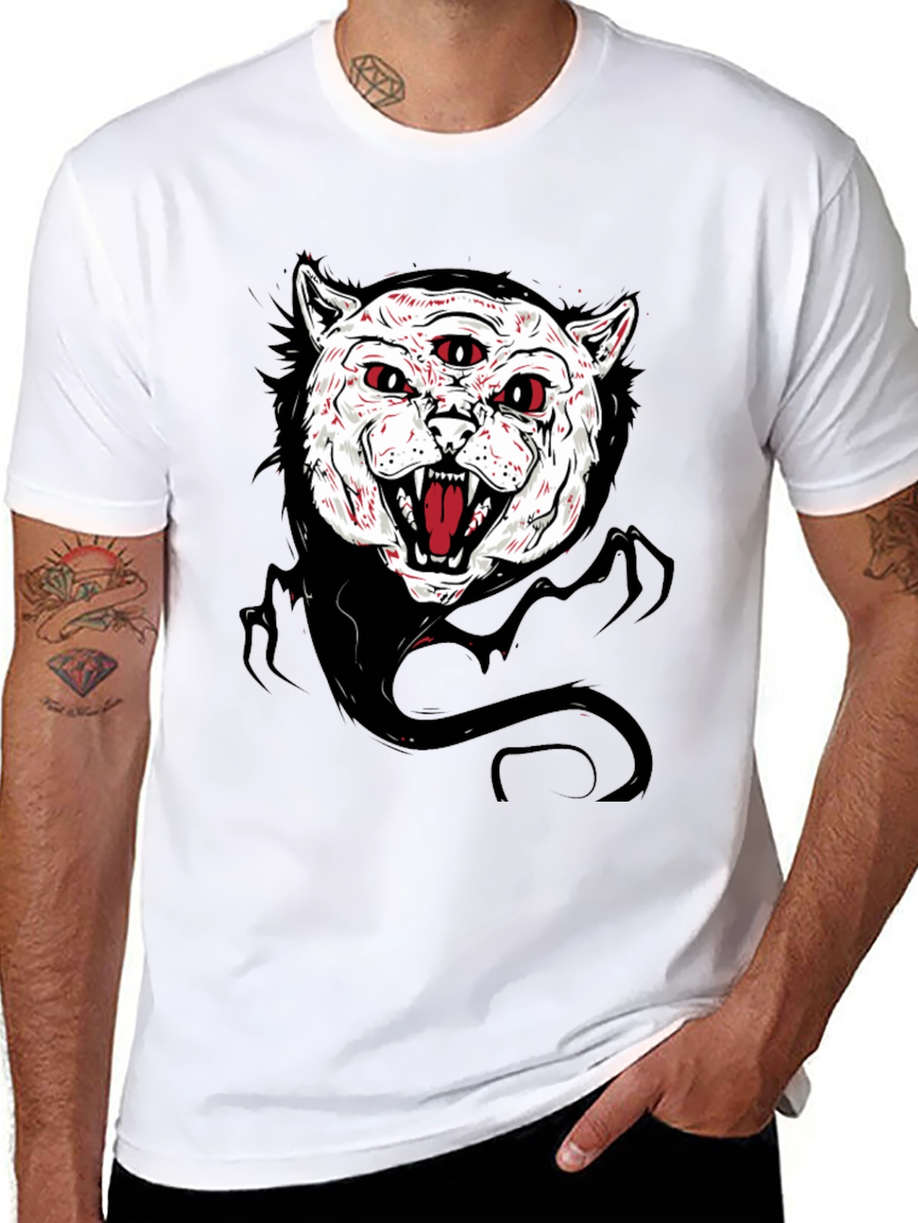 Mens Black T-Shirt with Three-Eyed Cat Graphic