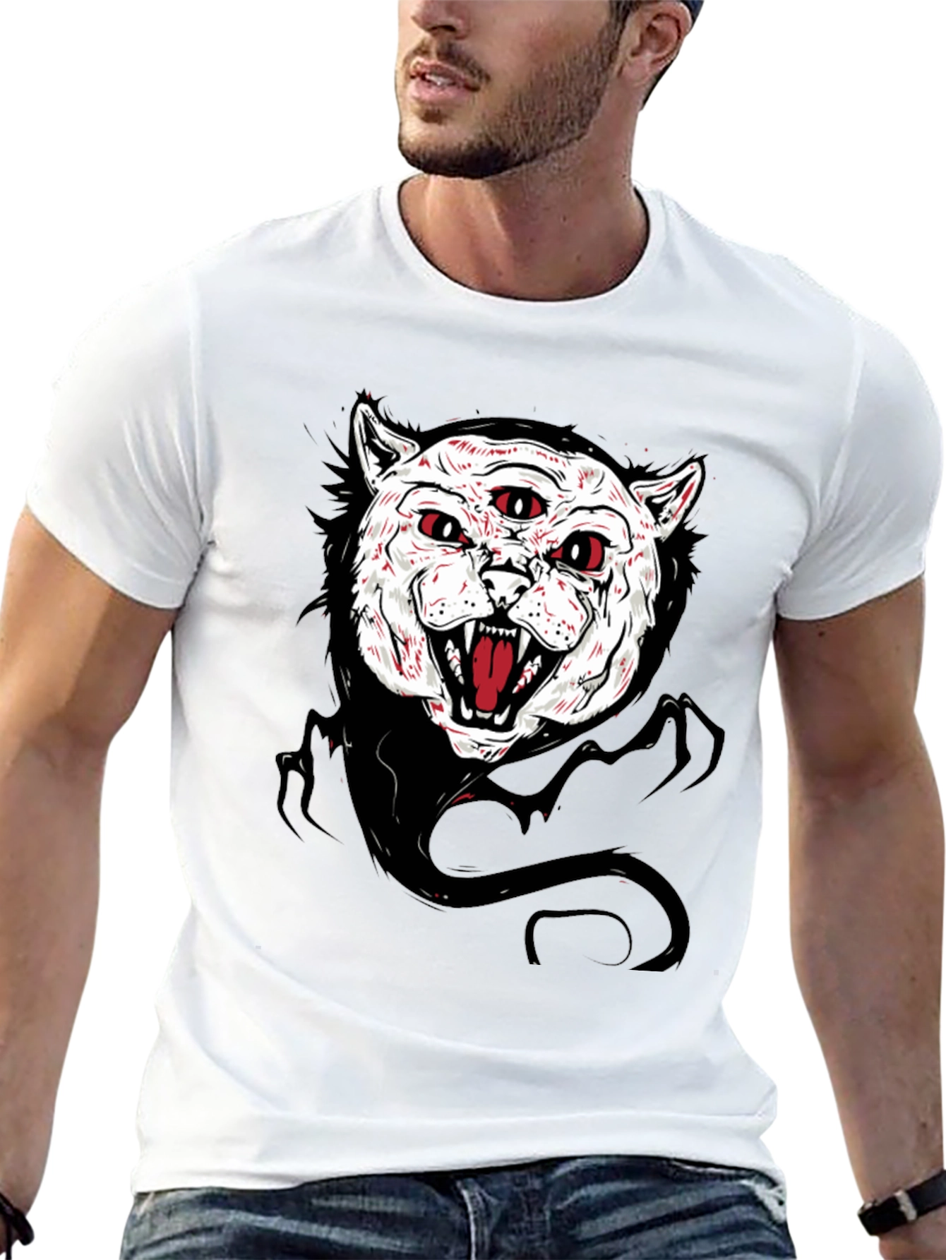 Mens Black T-Shirt with Three-Eyed Cat Graphic
