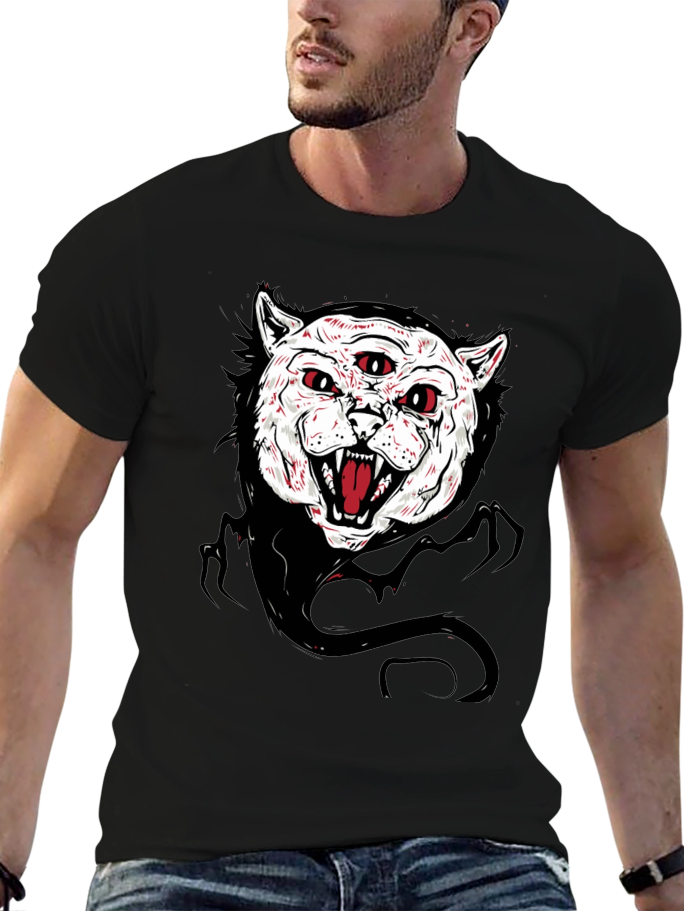 Mens Black T-Shirt with Three-Eyed Cat Graphic