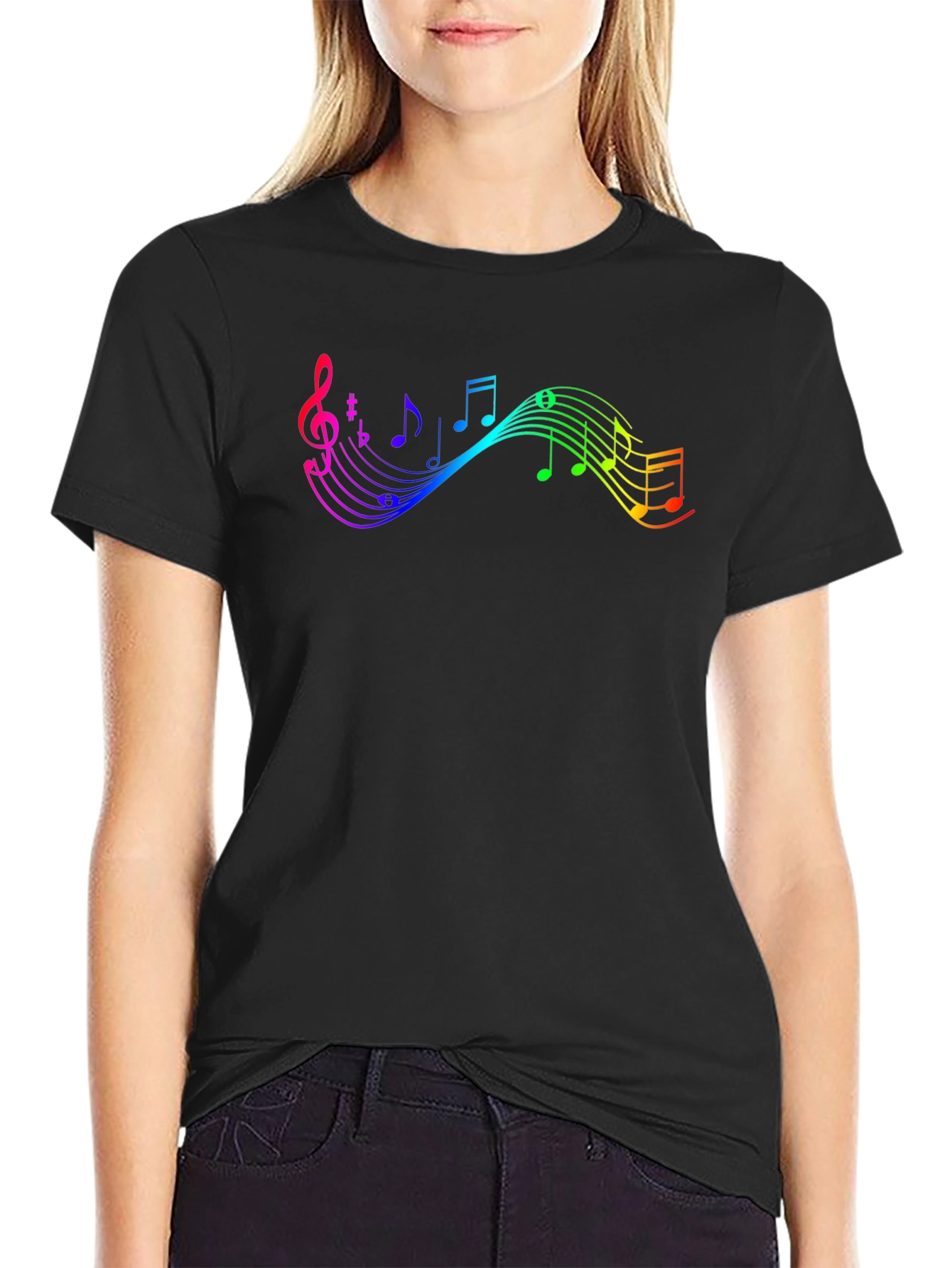 Rainbow Music Note Graphic Black T-Shirt