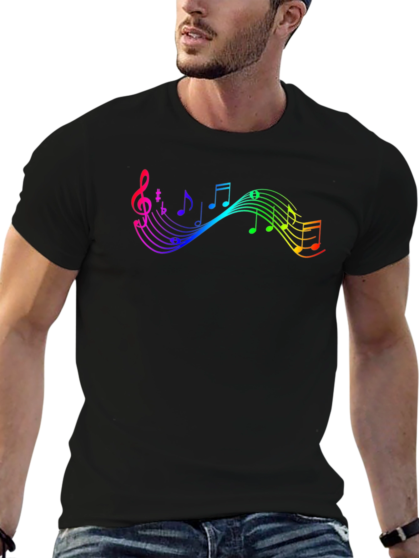 Rainbow Music Note Graphic Black T-Shirt