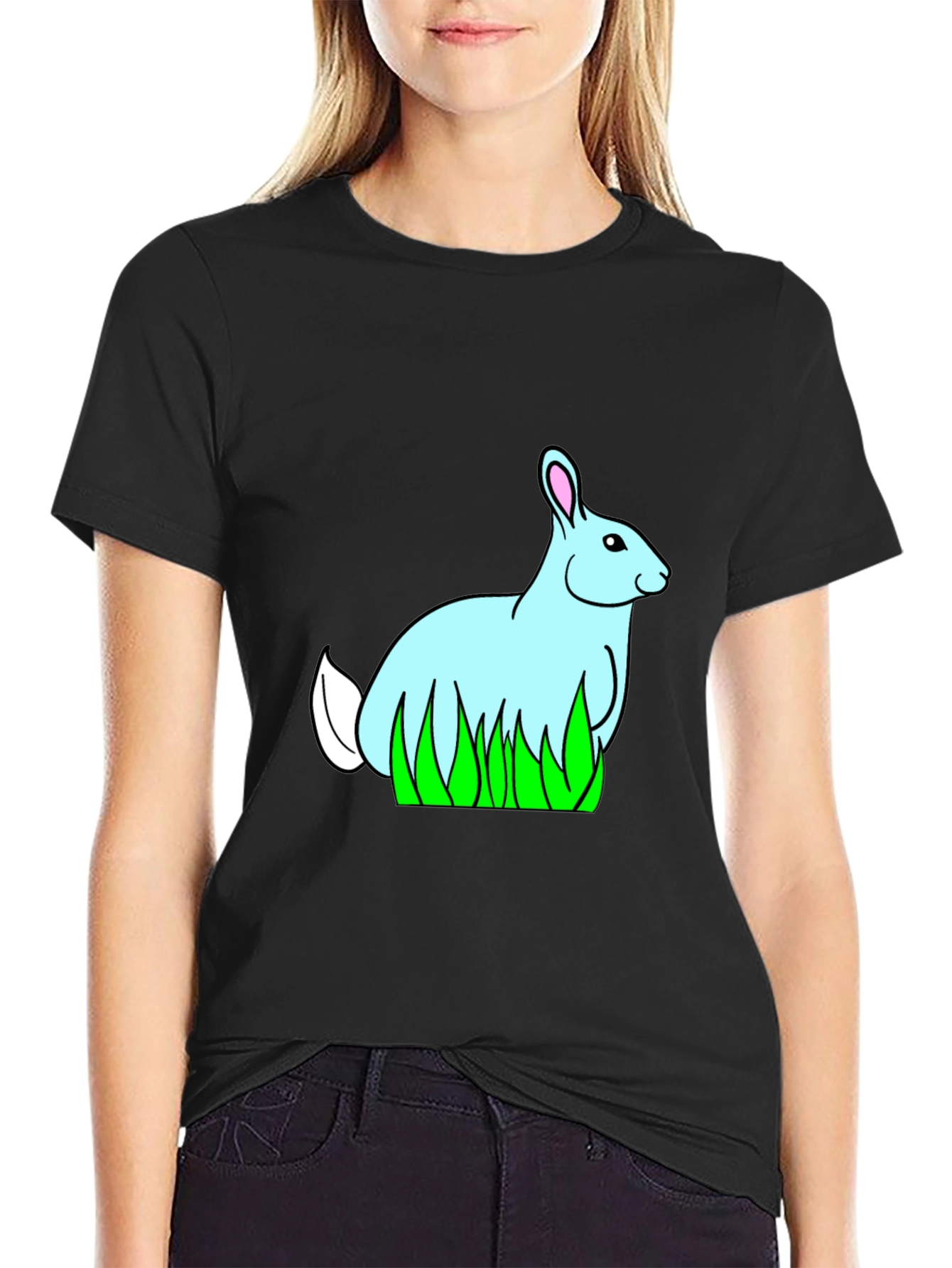 Bunny in Grass Black T-Shirt