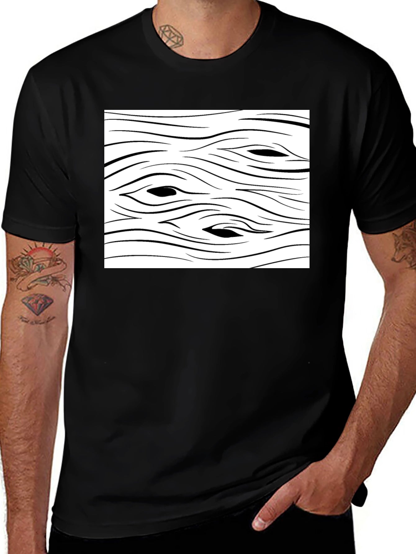 Abstract Wood Grain Graphic Tee - Black Cotton T-Shirt