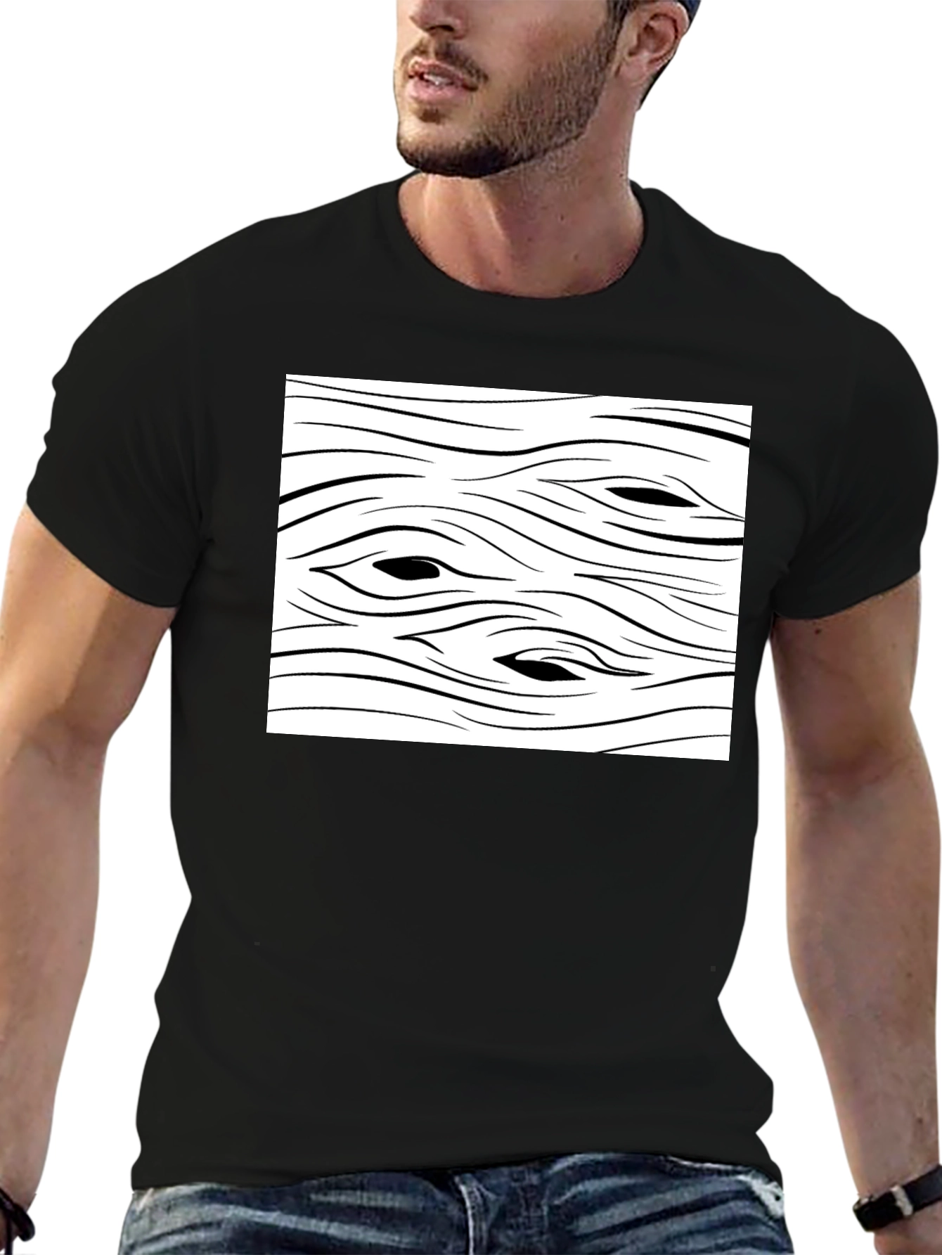 Abstract Wood Grain Graphic Tee - Black Cotton T-Shirt