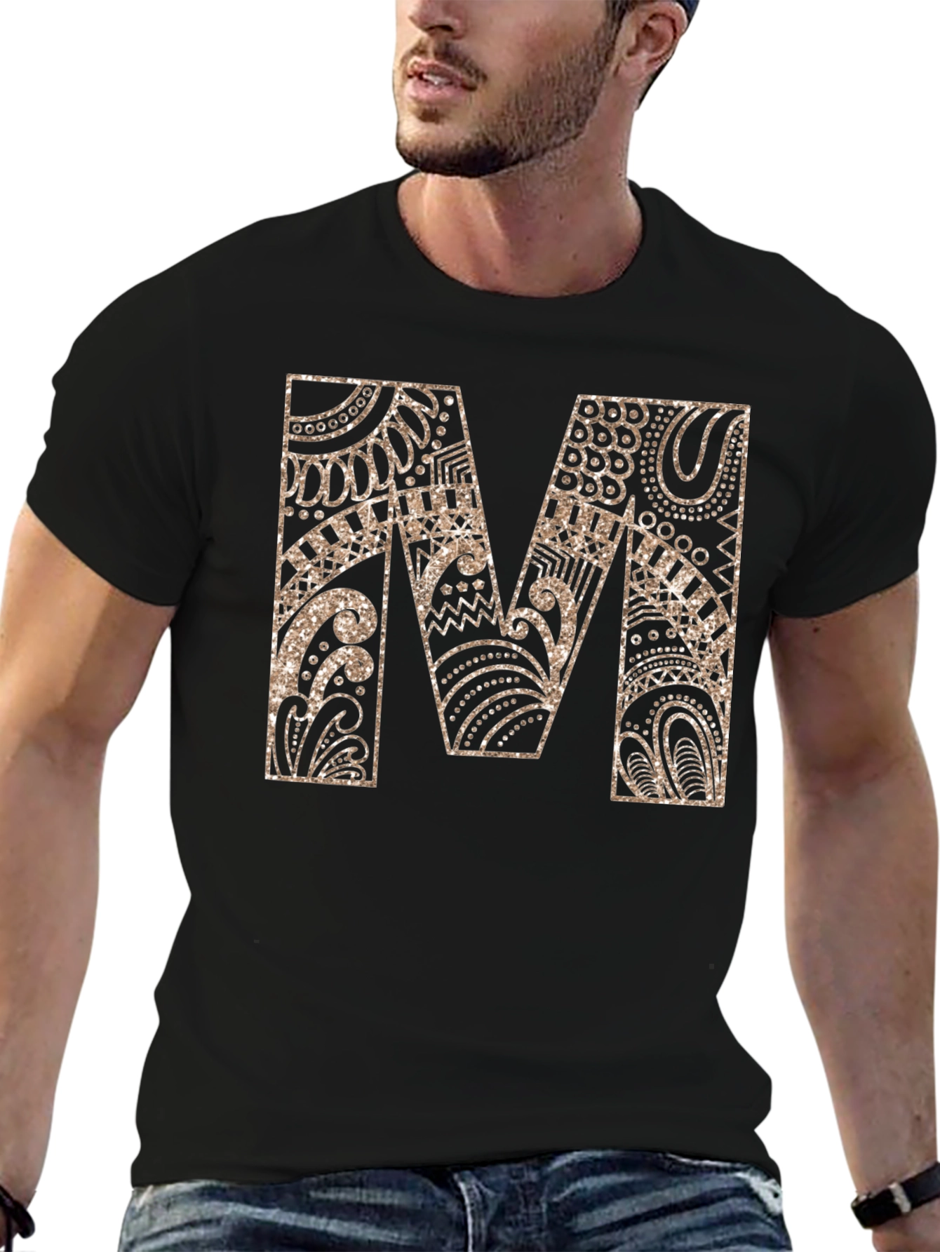 Stylish Black Tee with Gold M Design