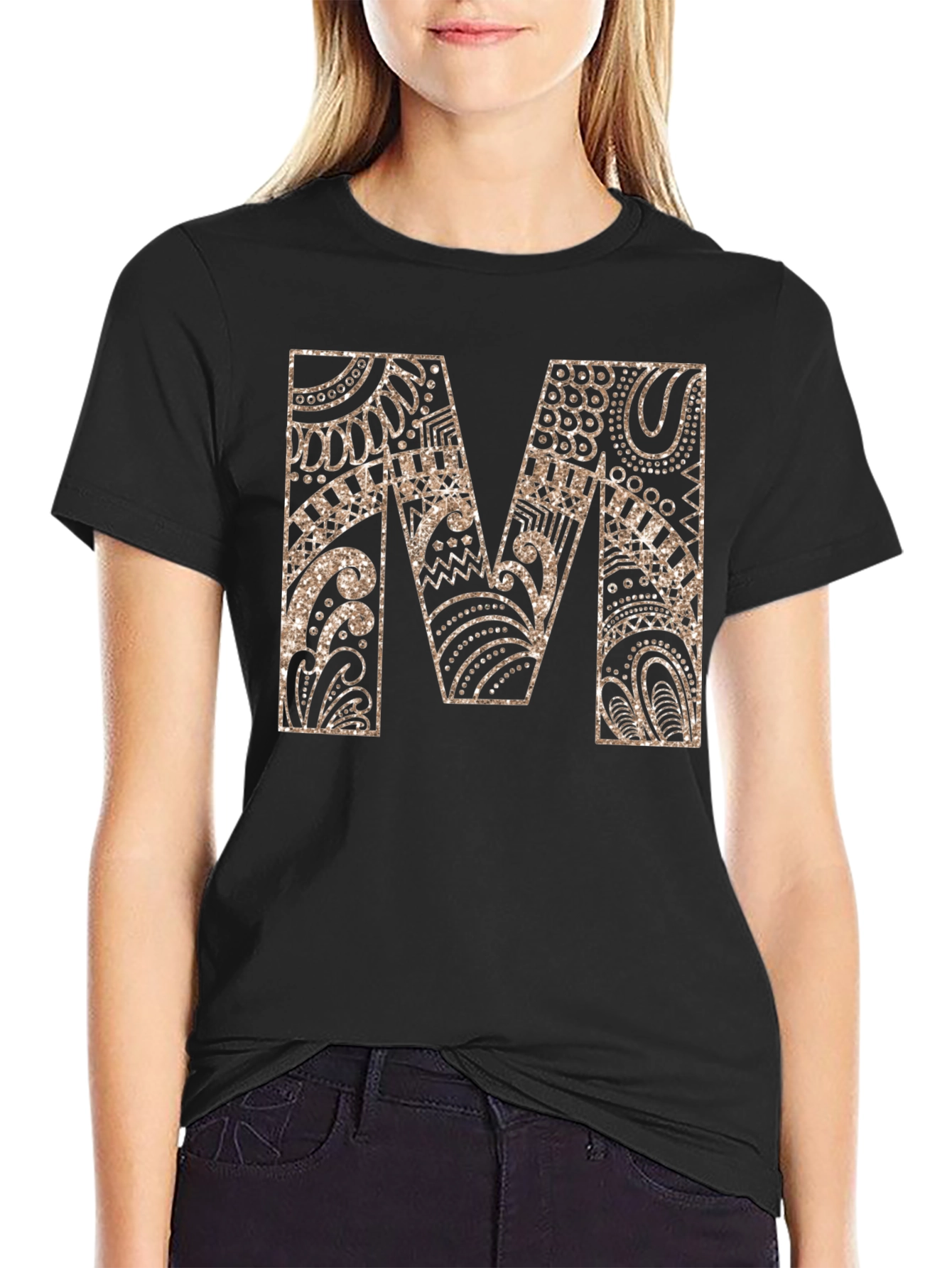 Stylish Black Tee with Gold M Design