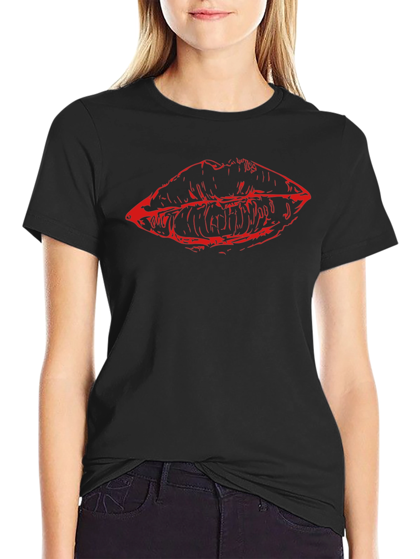 Red Lips Graphic Black T-Shirt