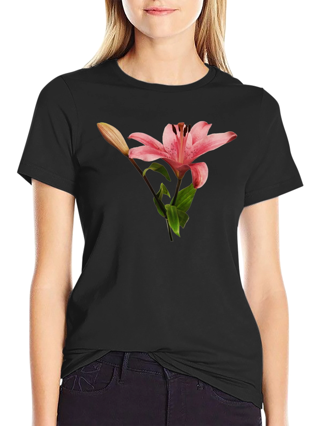 Floral Lily Graphic T-Shirt - Black