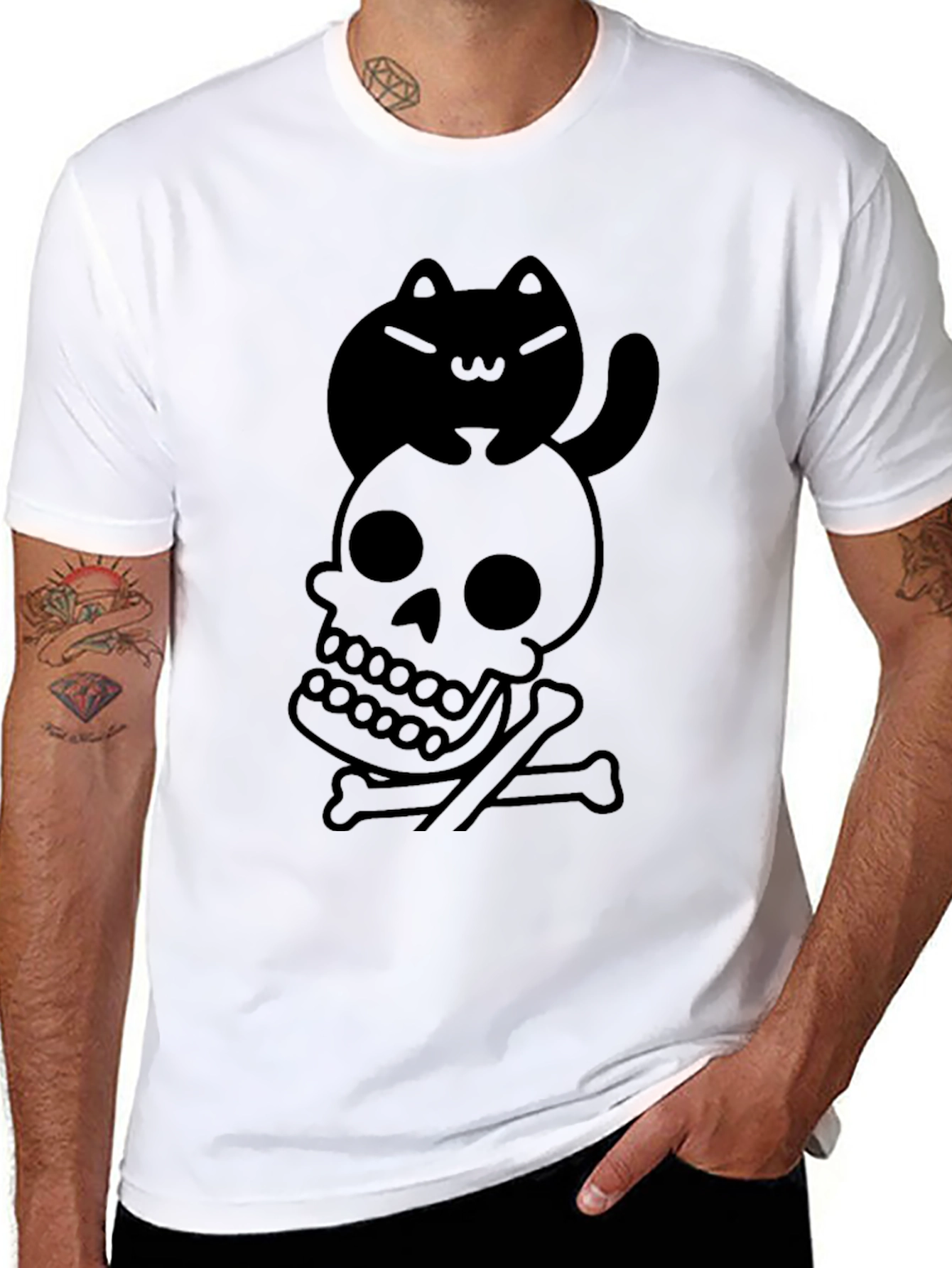 Skull and Cat Graphic Tee - Unisex Black T-Shirt