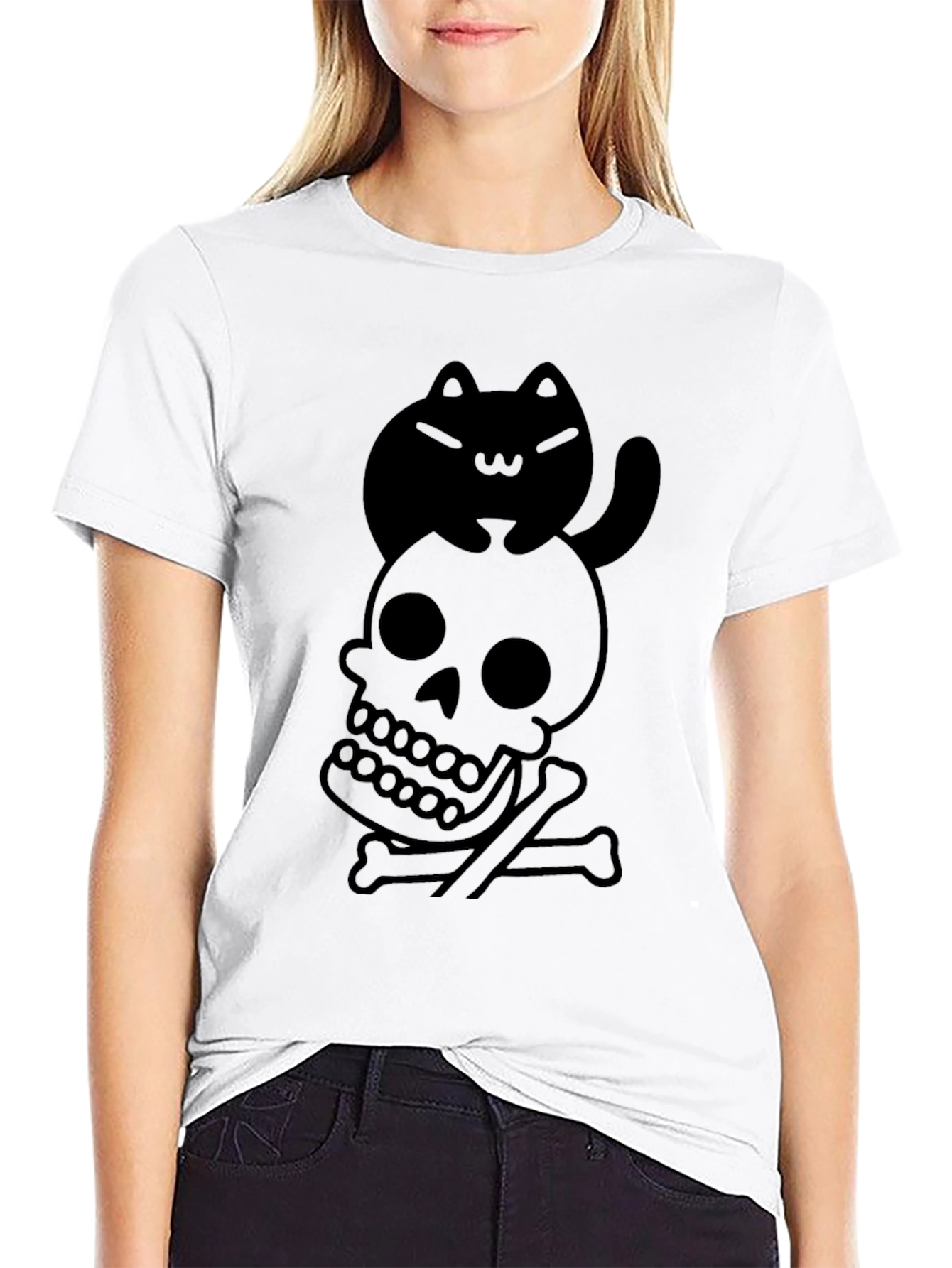 Skull and Cat Graphic Tee - Unisex Black T-Shirt
