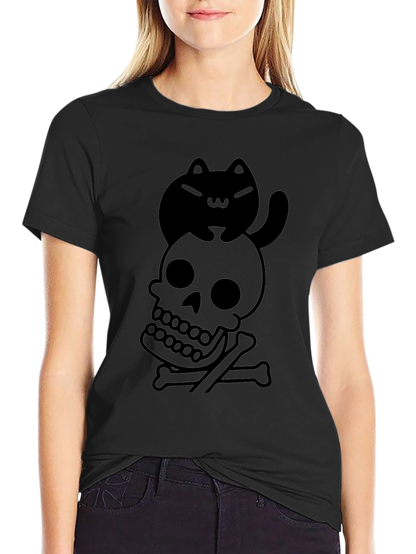 Skull and Cat Graphic Tee - Unisex Black T-Shirt