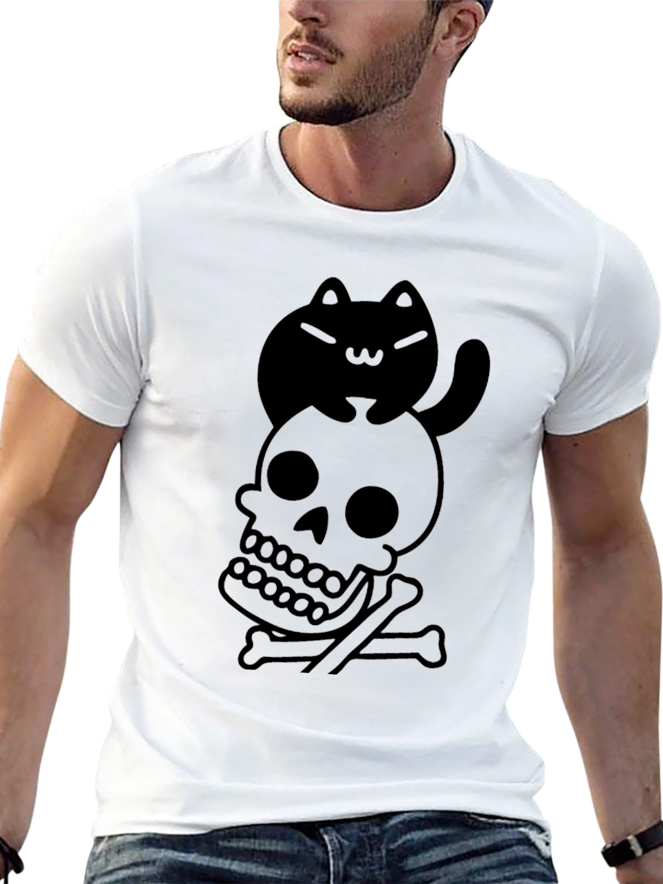 Skull and Cat Graphic Tee - Unisex Black T-Shirt