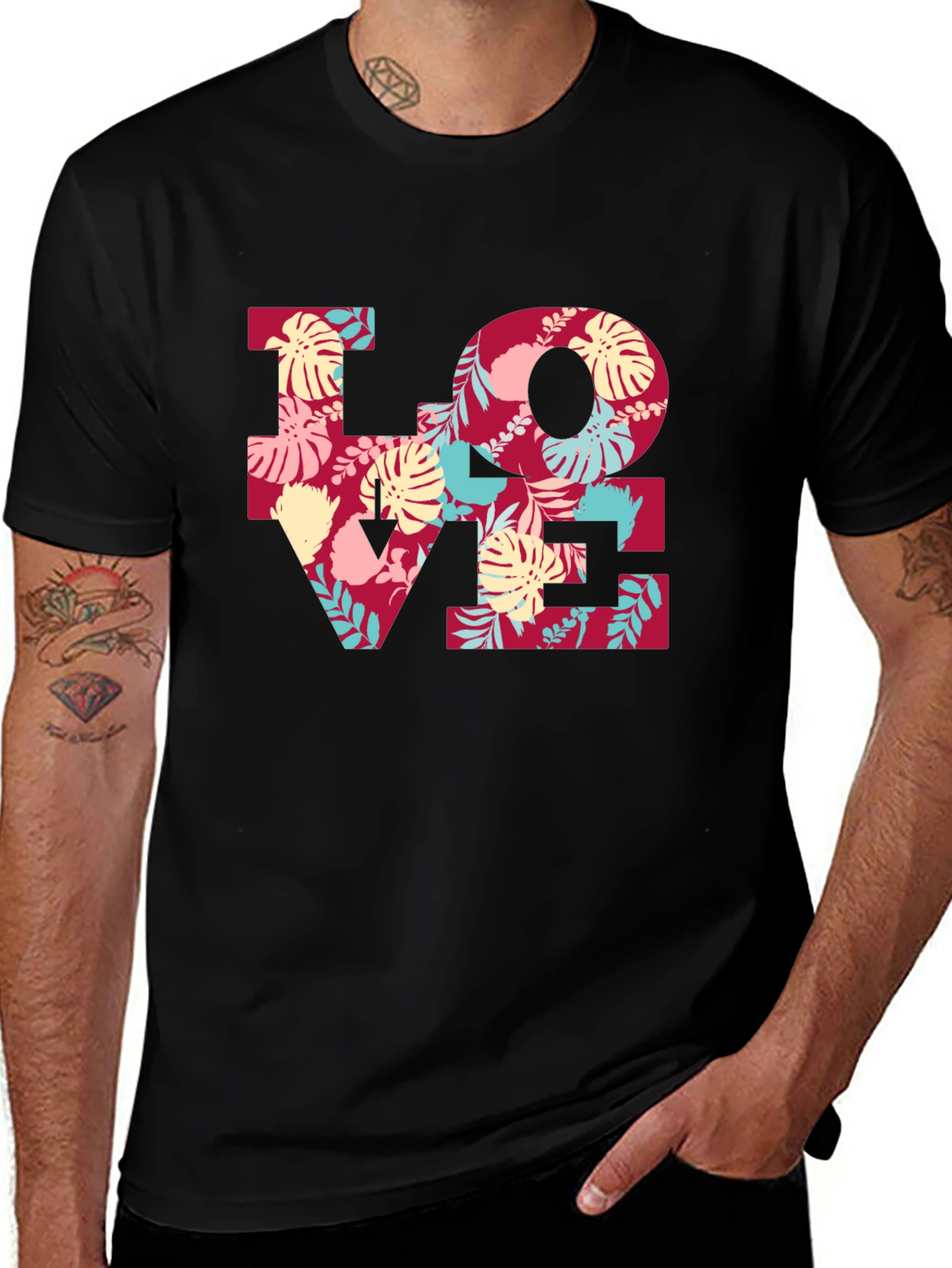 Floral LOVE Graphic Tee - Black Casual T-Shirt
