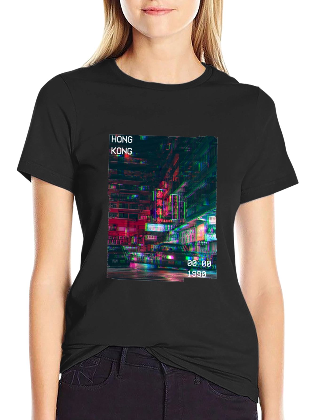 Hong Kong 1990 Graphic Print Black T-Shirt