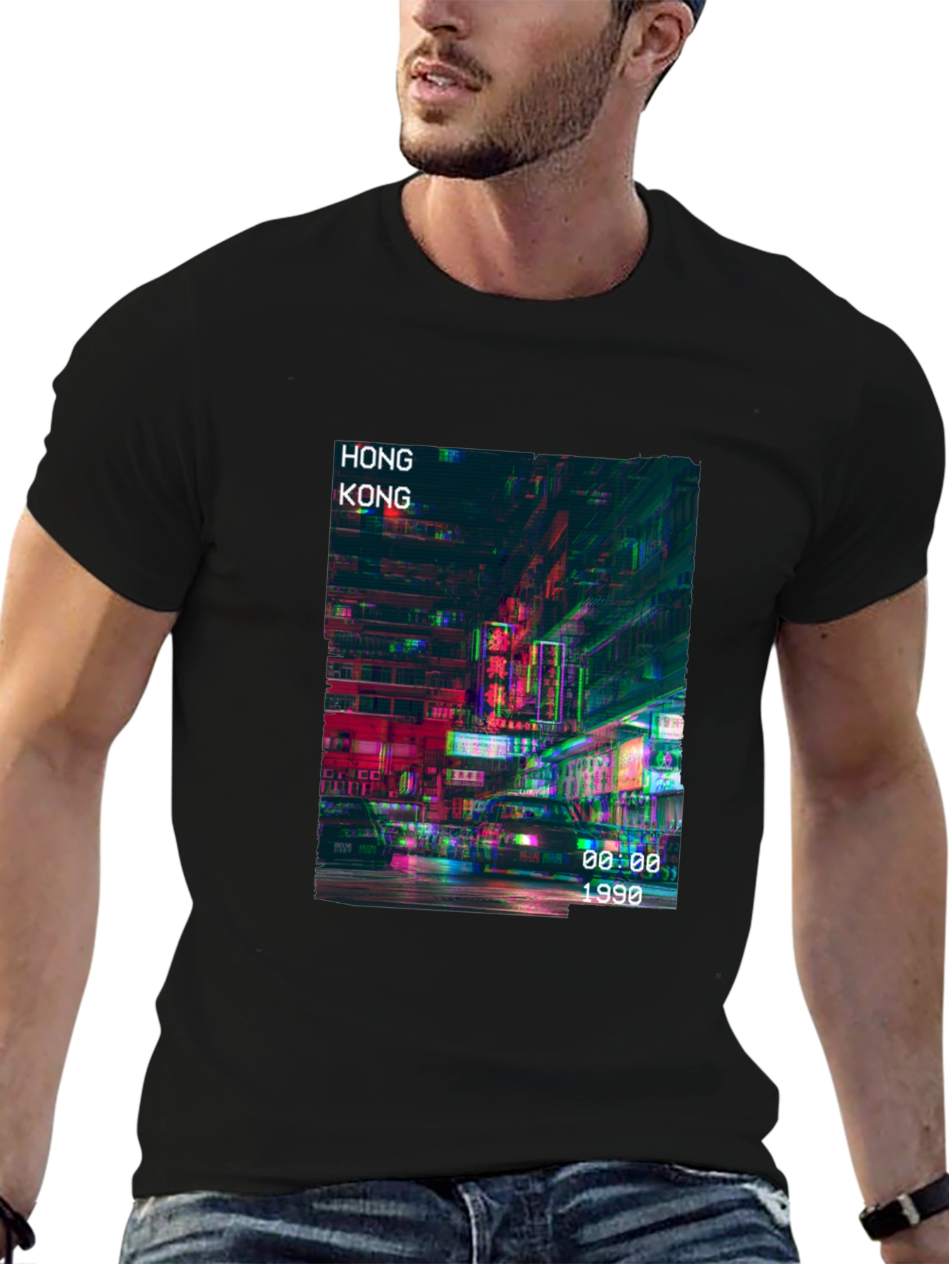 Hong Kong 1990 Graphic Print Black T-Shirt