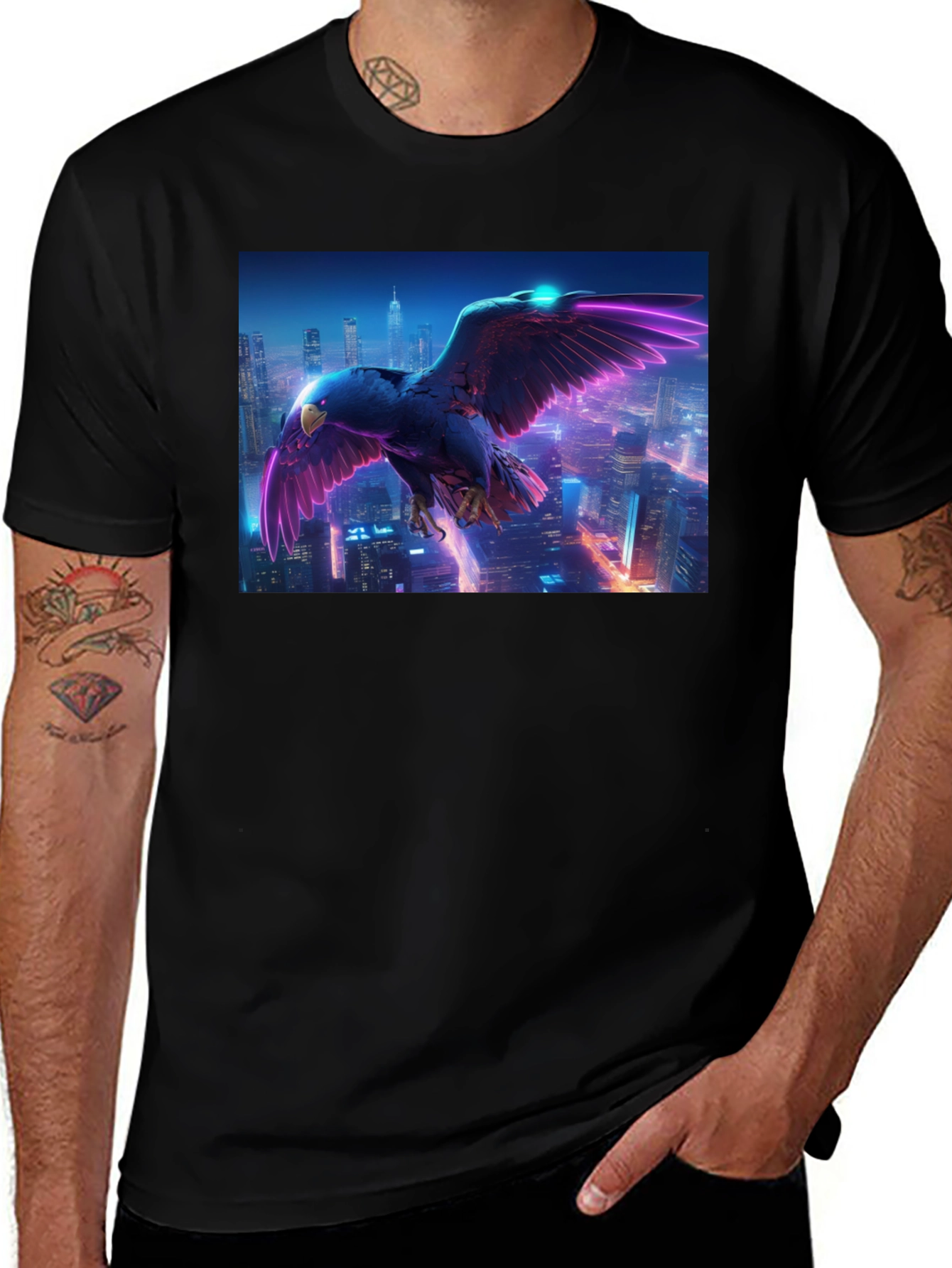 Cyberpunk Eagle Graphic Tee - Black