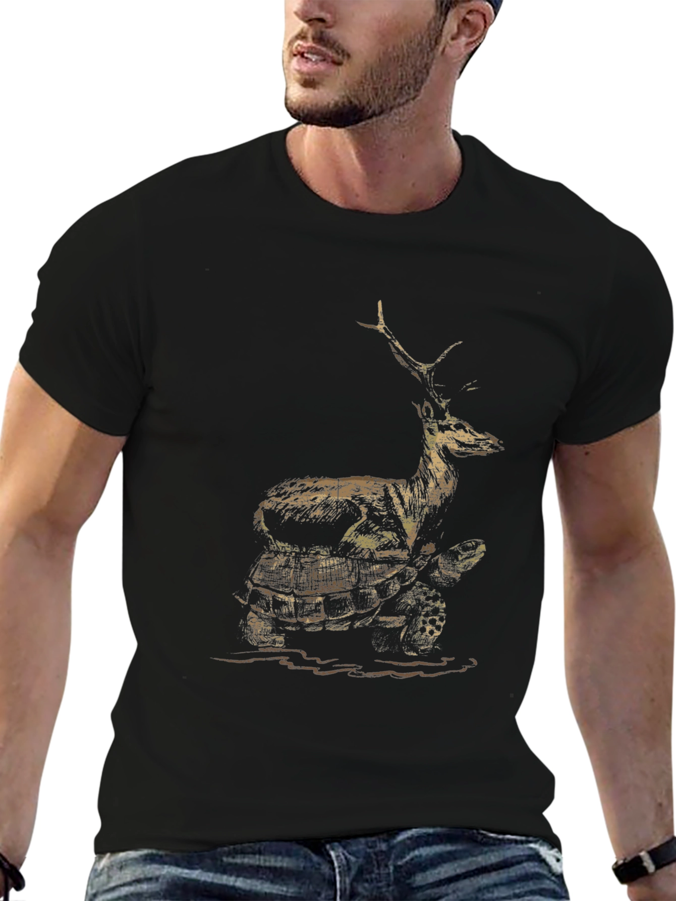 Deer Riding Turtle Graphic Tee - Black