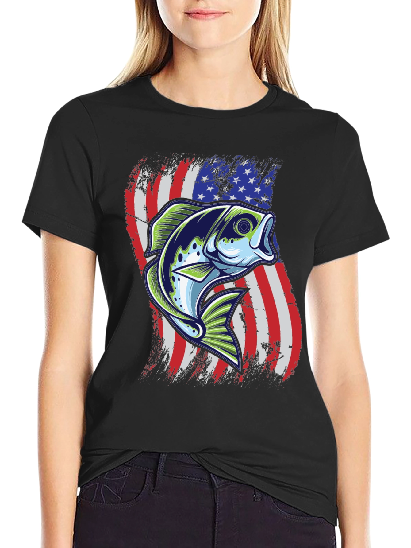 Mens Fishing Tee - USA Flag Bass Graphic Print