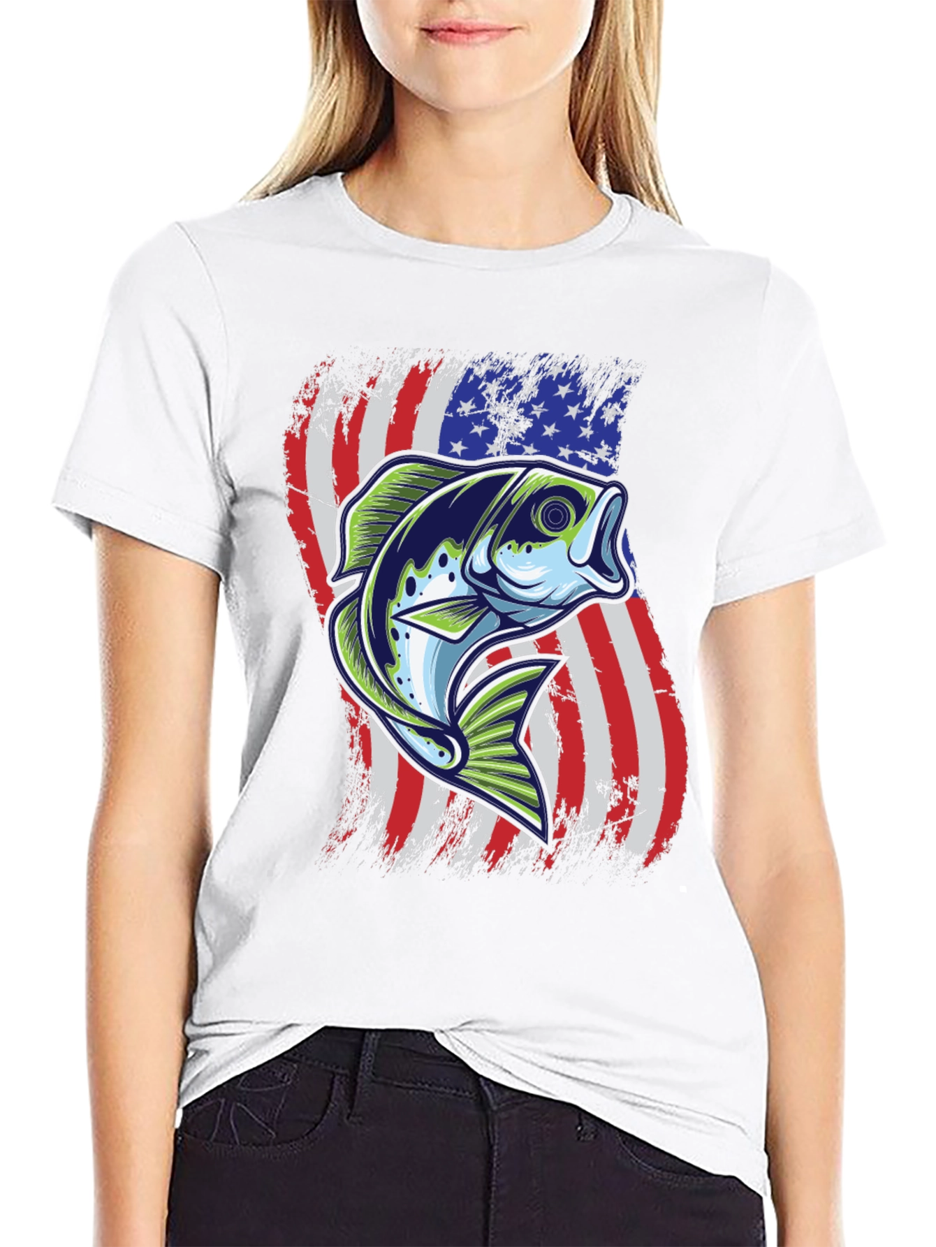 Mens Fishing Tee - USA Flag Bass Graphic Print