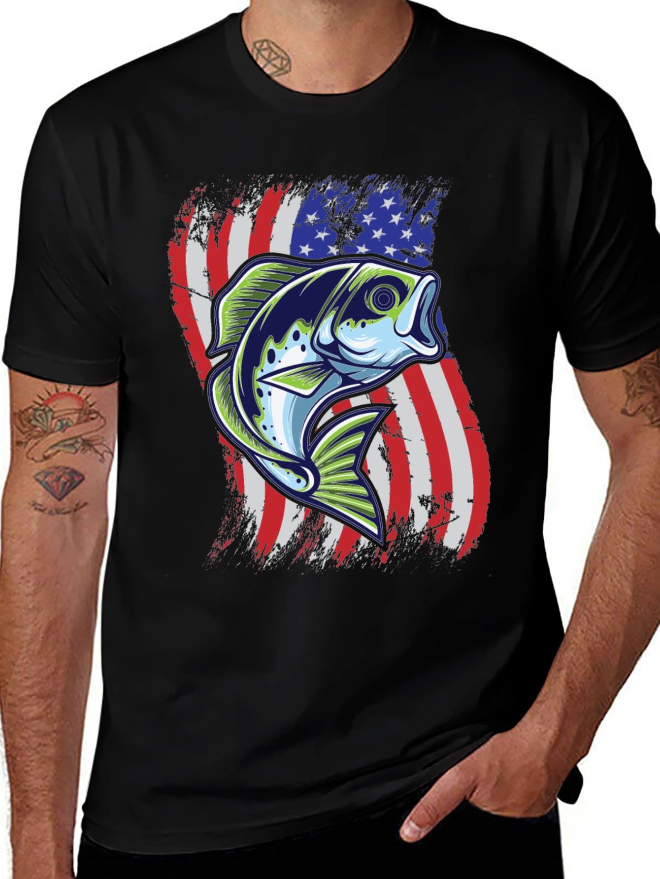 Mens Fishing Tee - USA Flag Bass Graphic Print