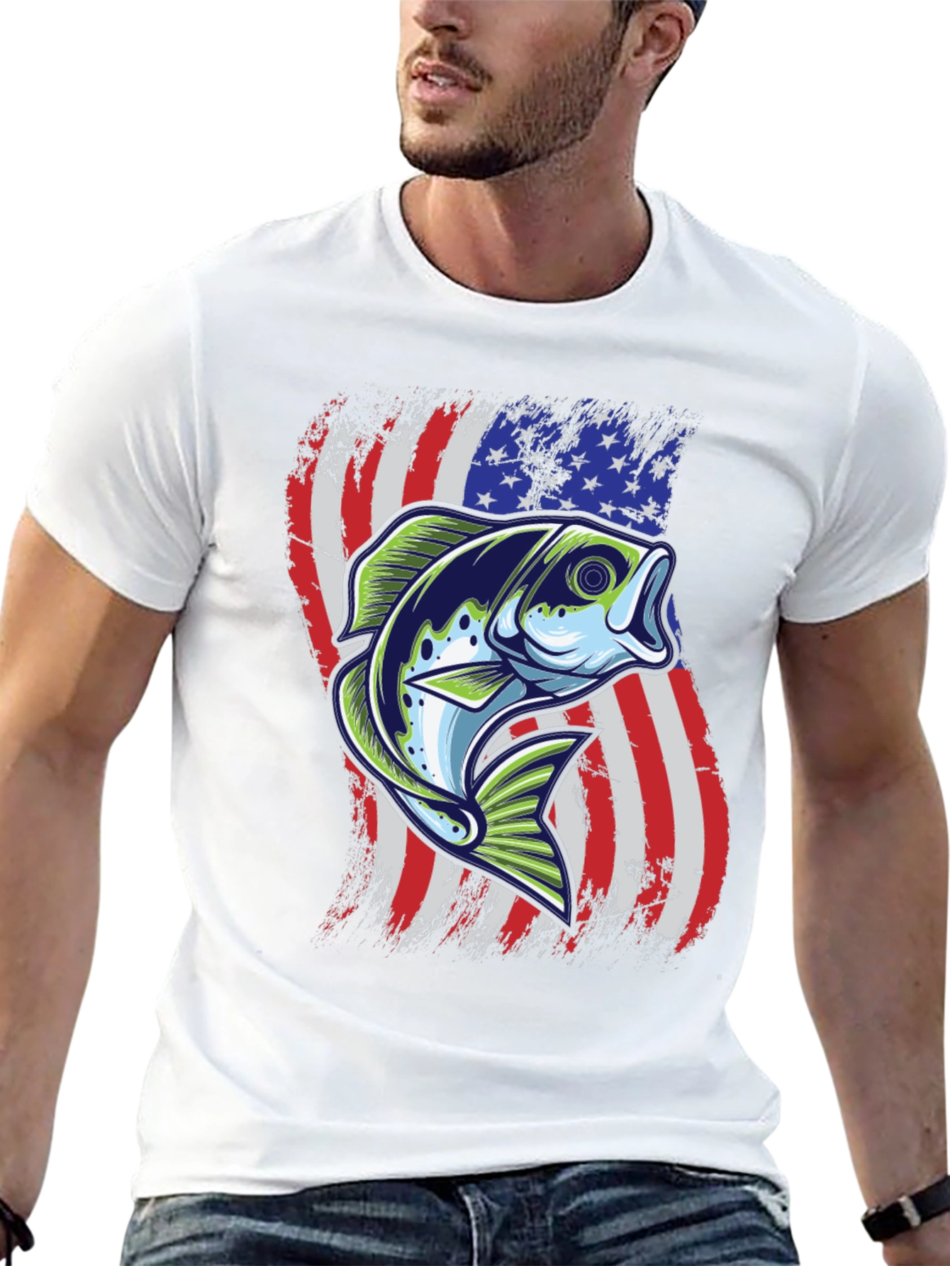 Mens Fishing Tee - USA Flag Bass Graphic Print