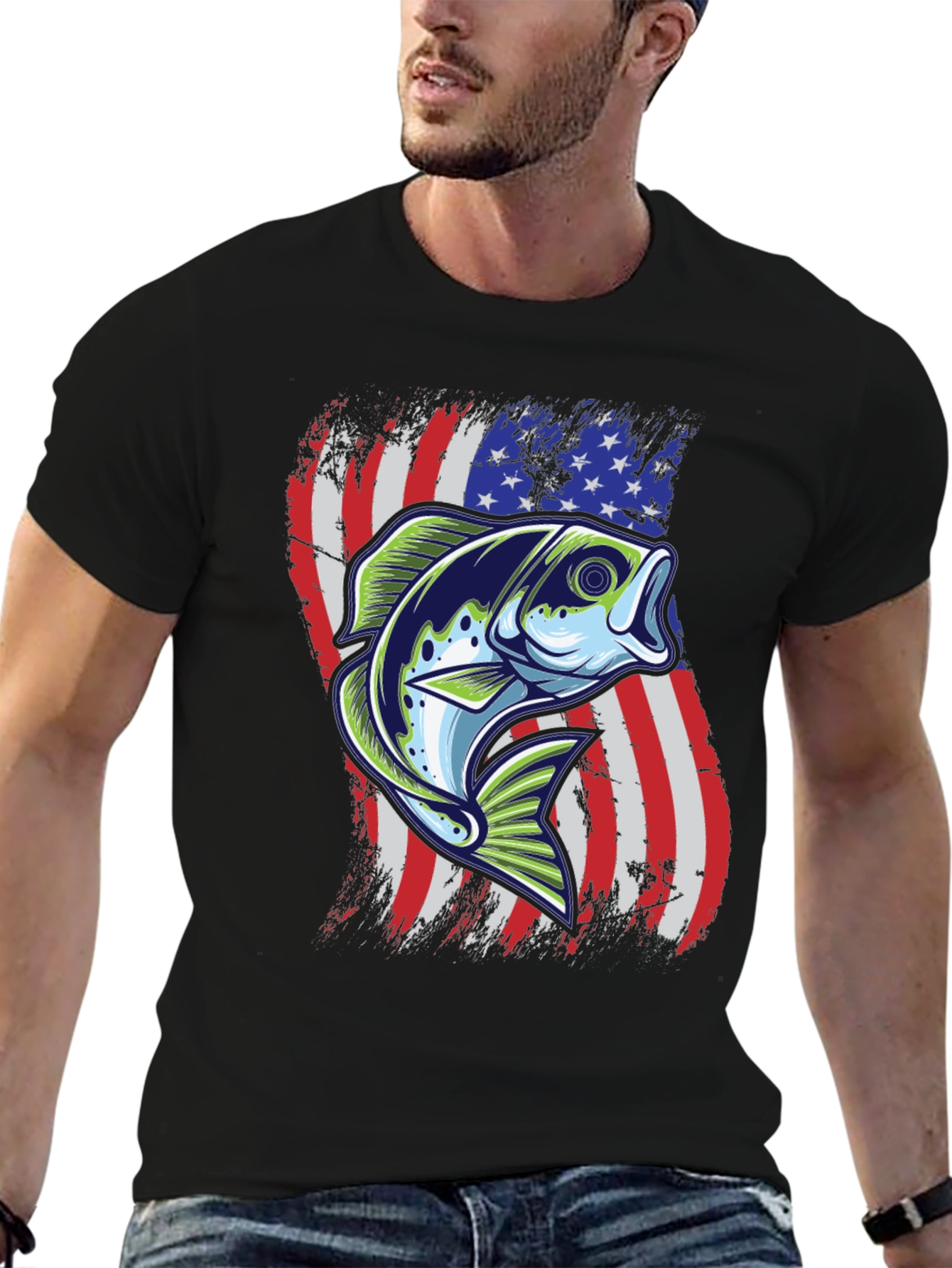 Mens Fishing Tee - USA Flag Bass Graphic Print