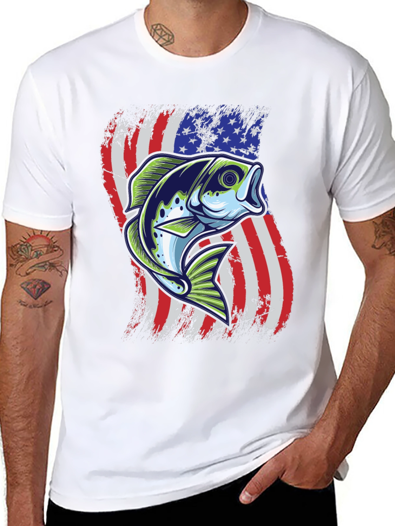 Mens Fishing Tee - USA Flag Bass Graphic Print