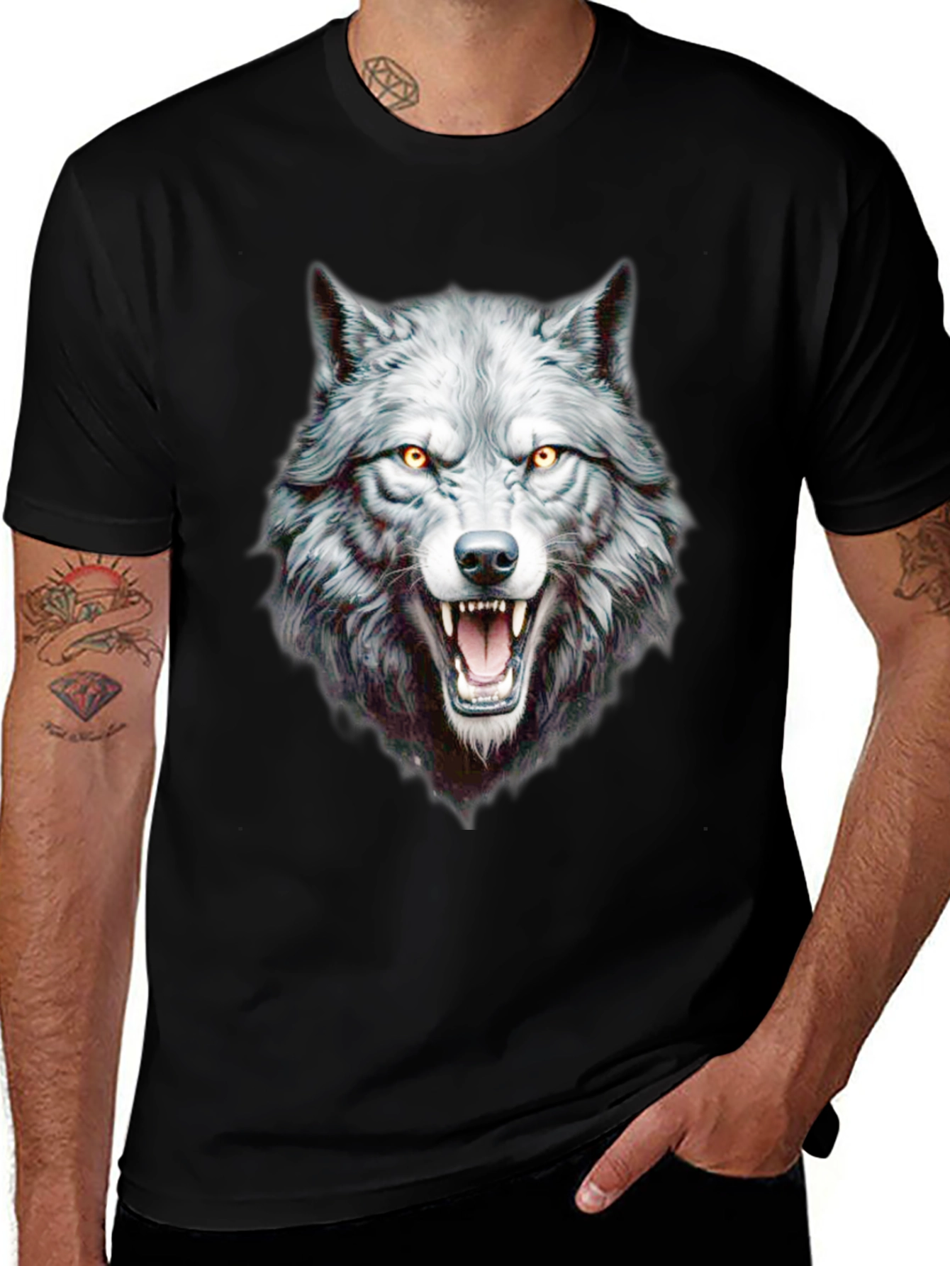 Wolf Graphic Print Crew Neck Black T-Shirt
