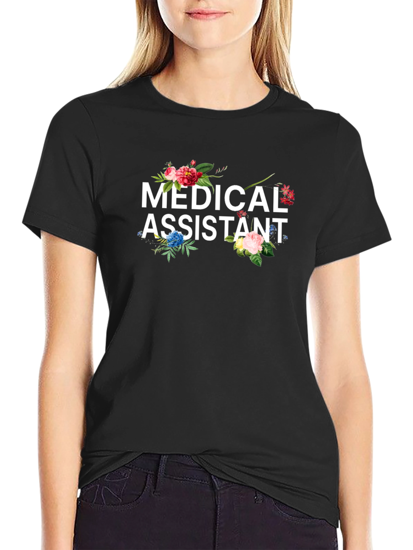 Floral Medical Assistant Black T-shirt