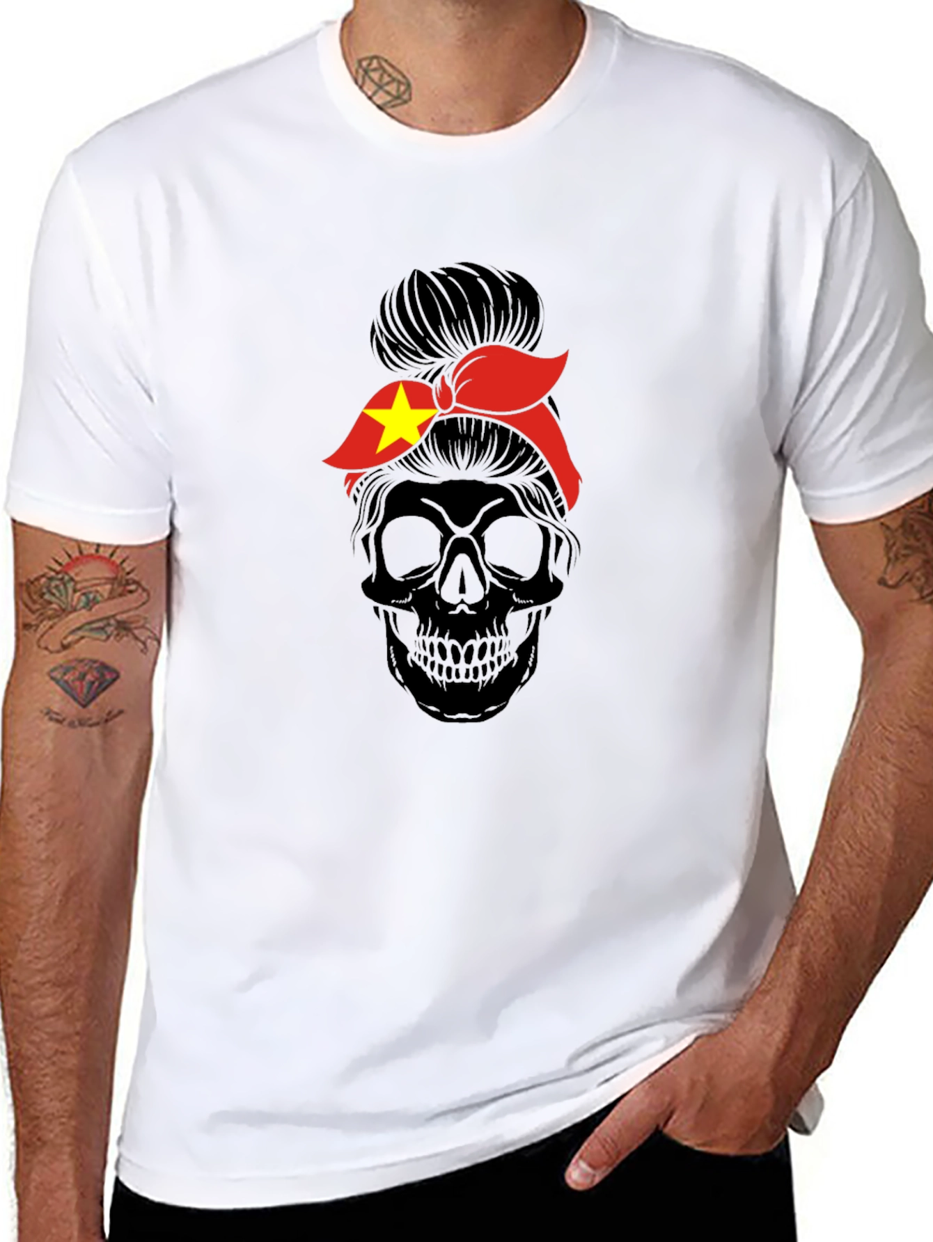 Skull Messy Bun Vietnam Flag T-Shirt